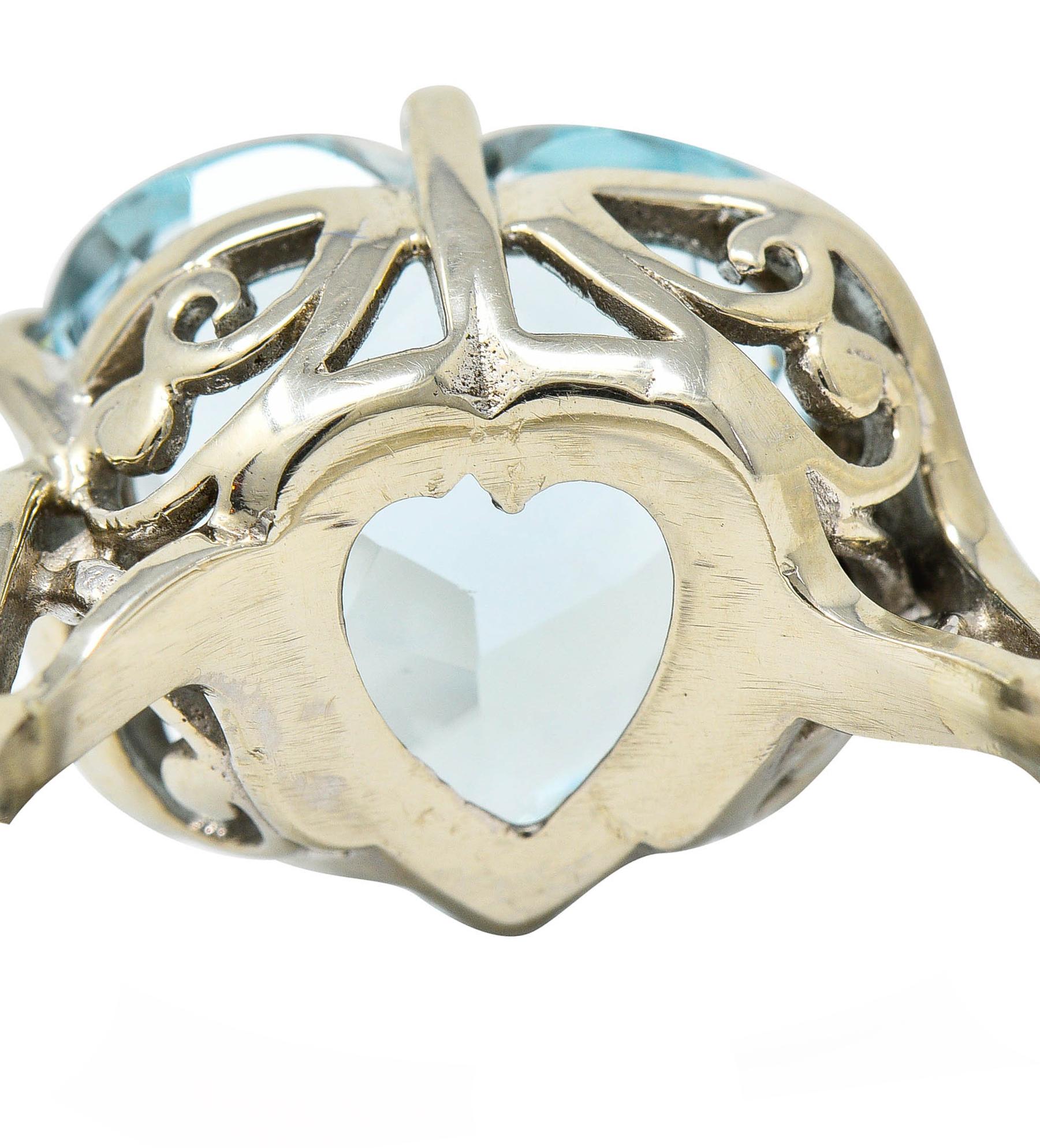 1950's Mid-Century 8.18 Carats Aquamarine Diamond 14 Karat White Gold Heart Ring 1