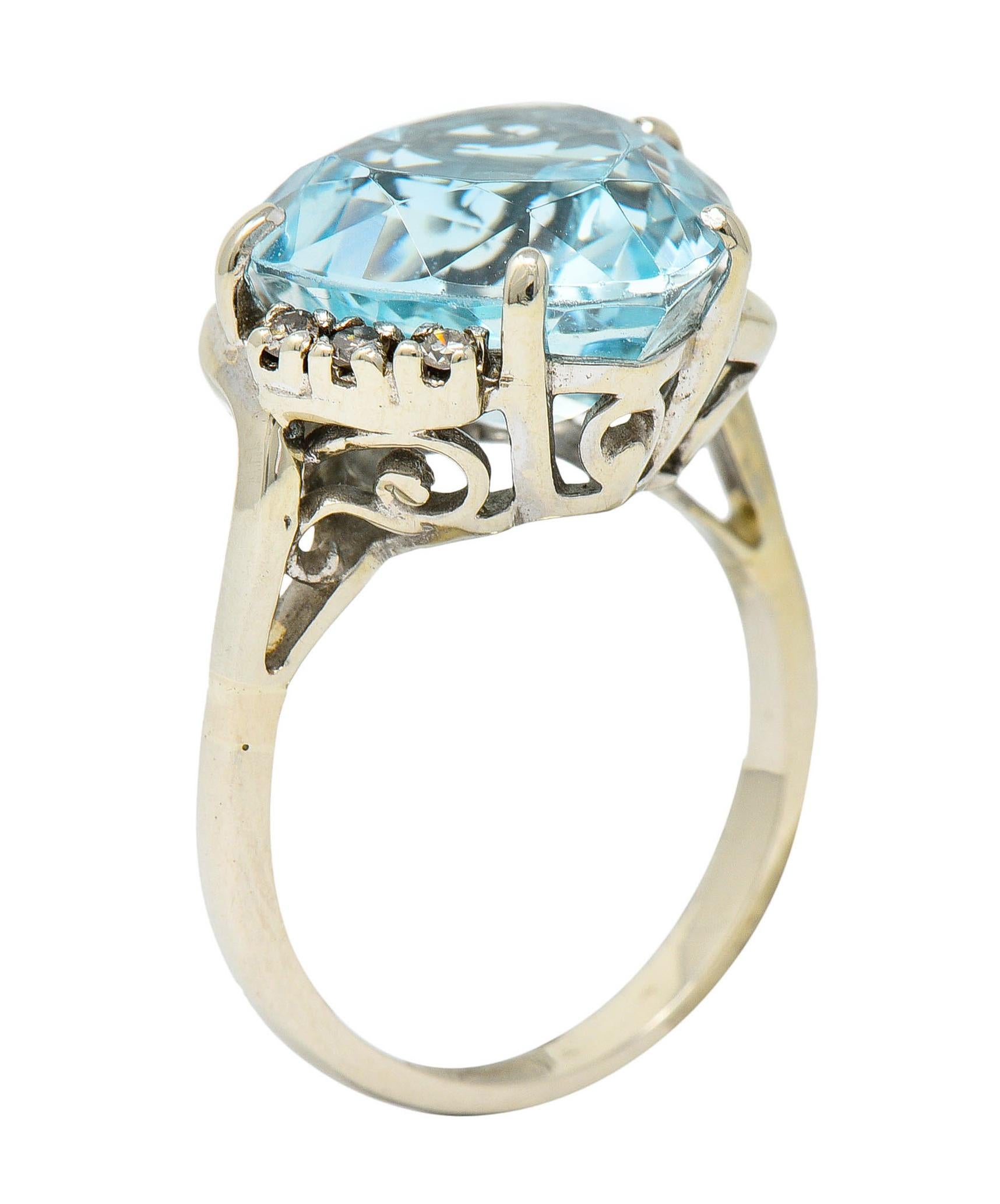 1950's Mid-Century 8.18 Carats Aquamarine Diamond 14 Karat White Gold Heart Ring 3