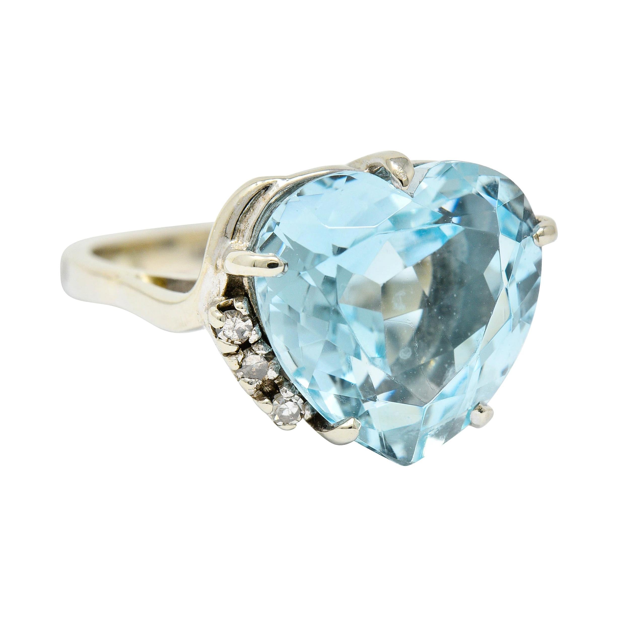 1950's Mid-Century 8.18 Carats Aquamarine Diamond 14 Karat White Gold Heart Ring