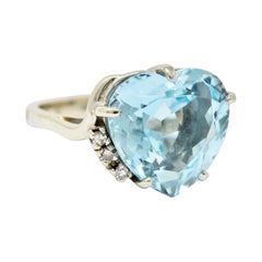 1950's Mid-Century 8.18 Carats Aquamarine Diamond 14 Karat White Gold Heart Ring