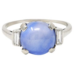 1950's Mid-Century 8.24 Carats Star Sapphire Cabochon Diamond Platinum Ring