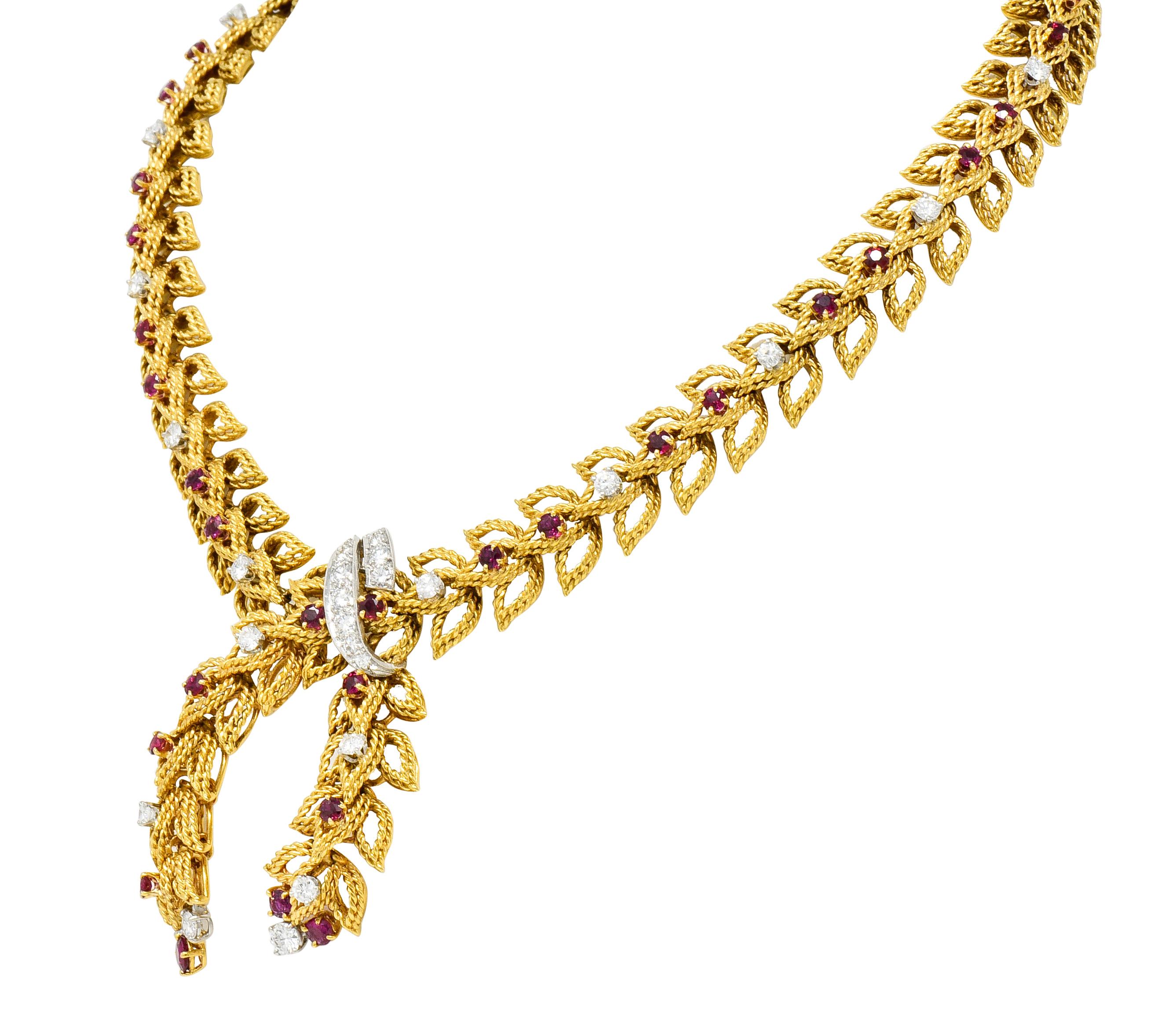 Retro 1950s Midcentury 8.91 Carat Diamond Ruby Platinum 18 Karat Gold Link Necklace