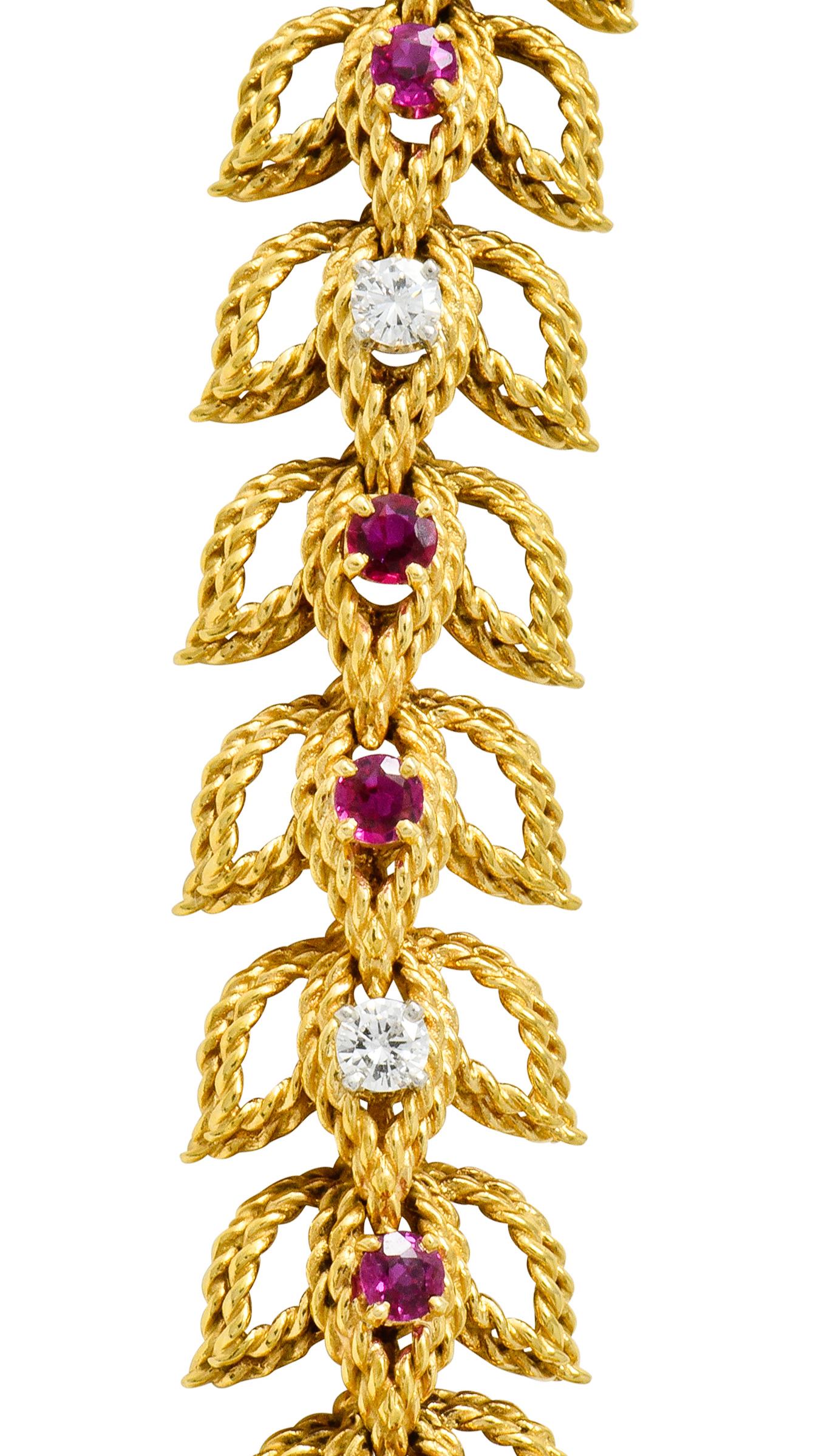 1950s Midcentury 8.91 Carat Diamond Ruby Platinum 18 Karat Gold Link Necklace In Excellent Condition In Philadelphia, PA