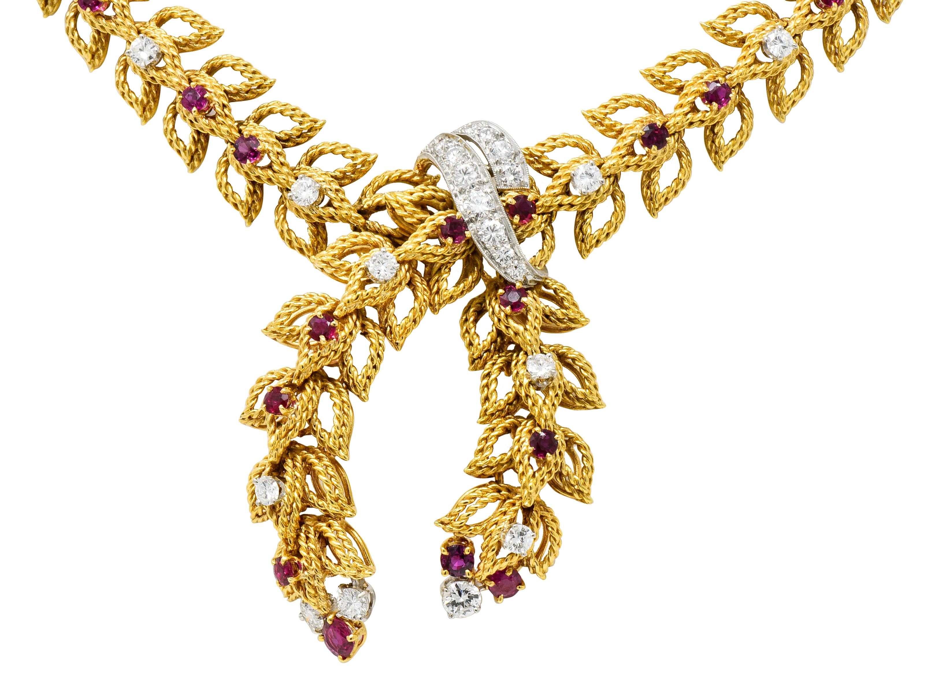 1950s Midcentury 8.91 Carat Diamond Ruby Platinum 18 Karat Gold Link Necklace 1