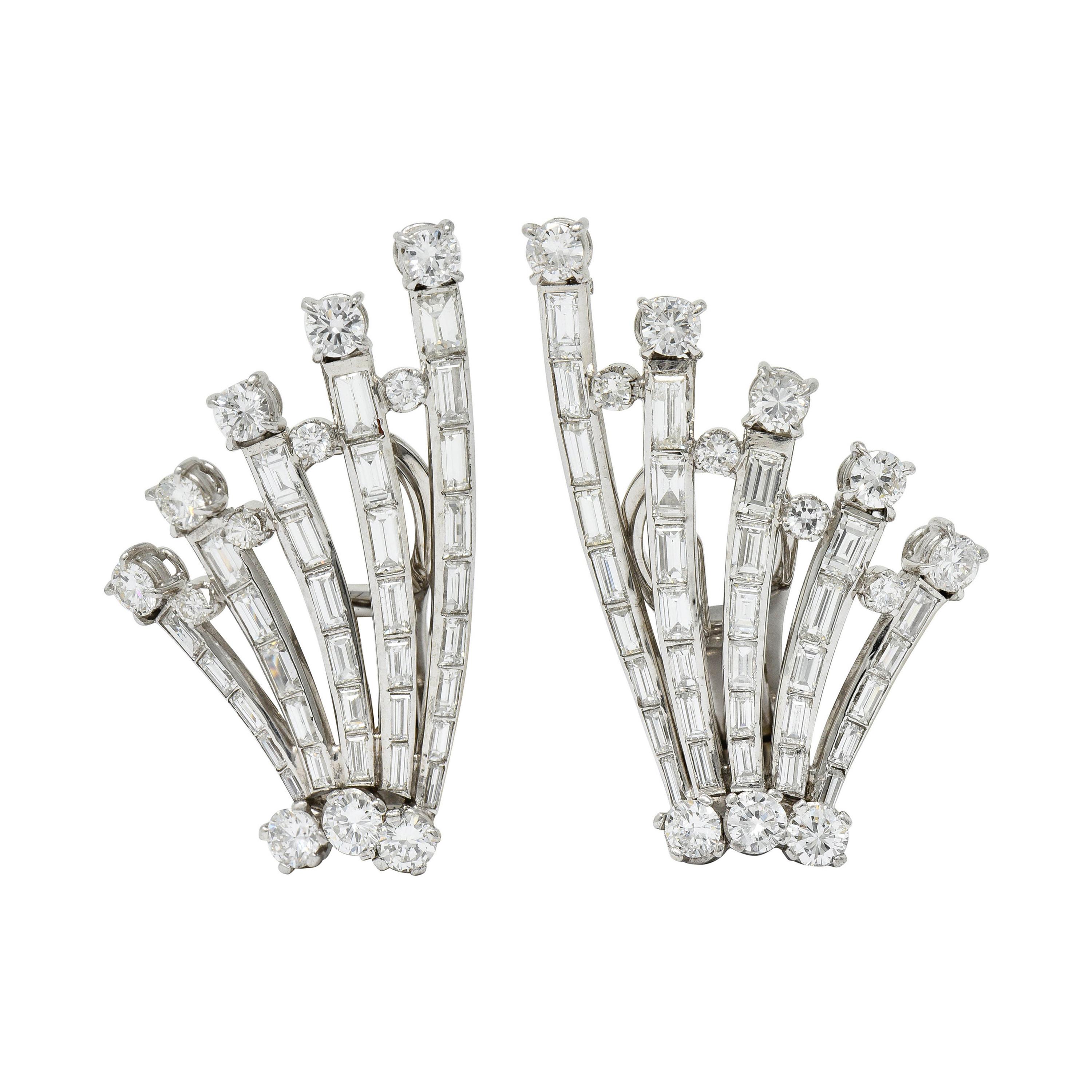 1950's Mid-Century 9.50 Carats Diamond Platinum Fanned Ear-Clip Earrings