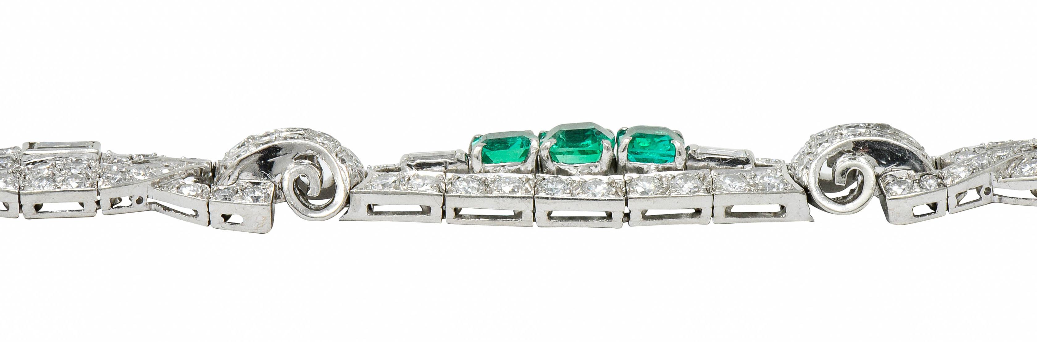 1950s Midcentury 9.55 Carat Emerald Diamond Platinum Scrolled Link Bracelet 6