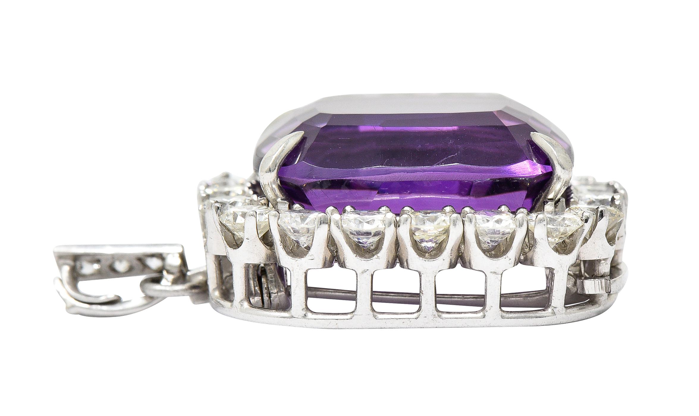 1950's Mid-Century Amethyst Diamond Platinum Enhancer Pendant Brooch Necklace 6