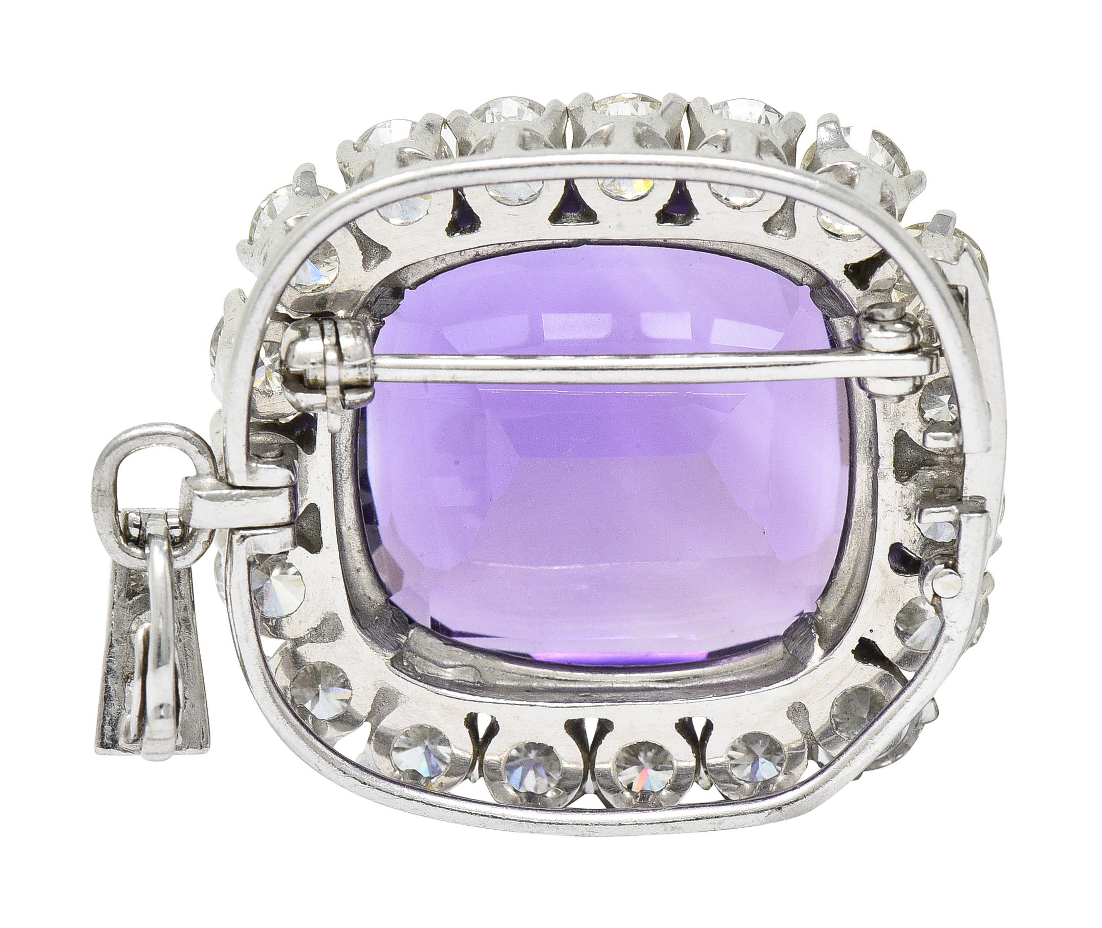 1950's Mid-Century Amethyst Diamond Platinum Enhancer Pendant Brooch Necklace In Excellent Condition In Philadelphia, PA