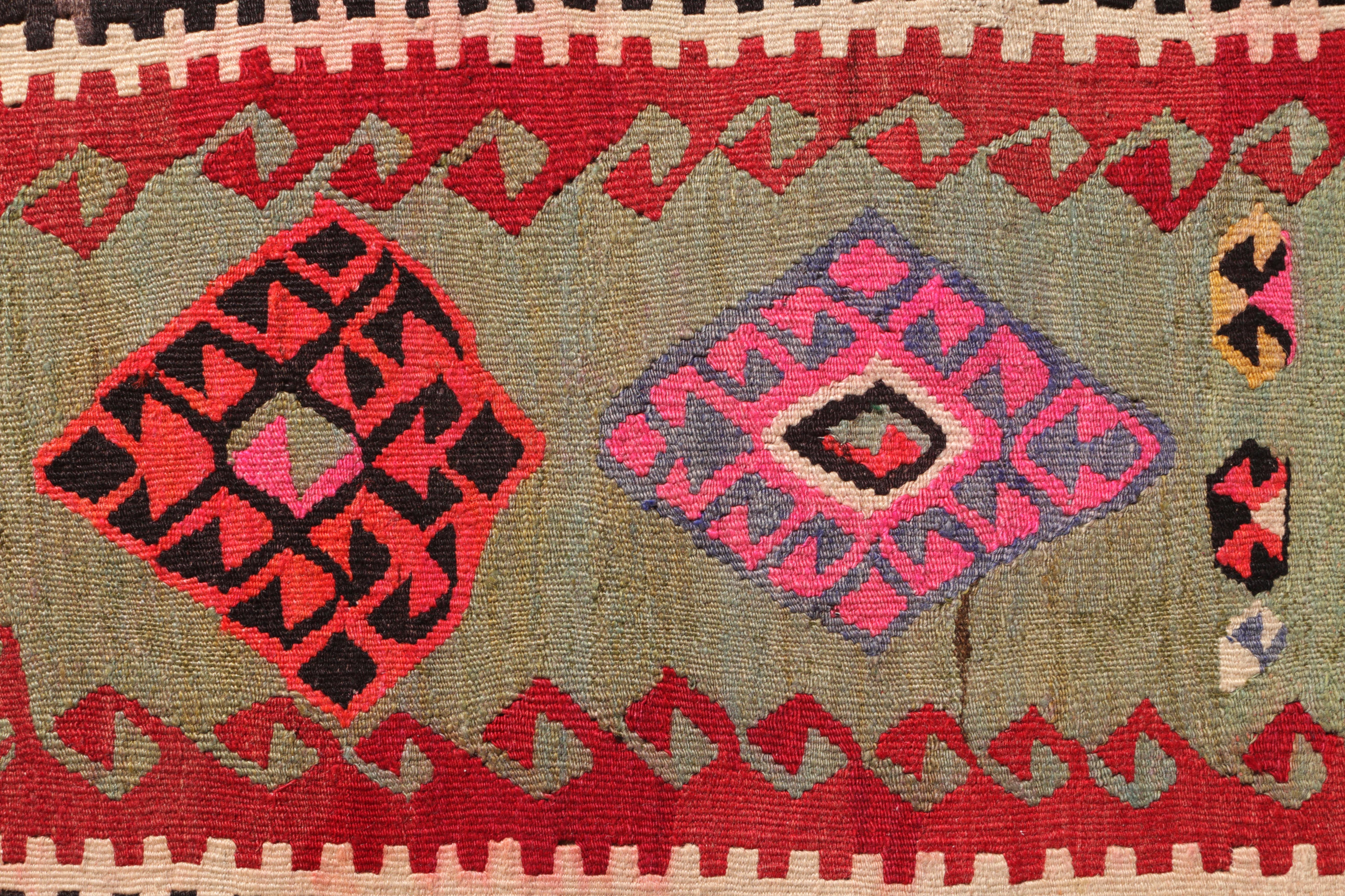Hand-Knotted 1950s Midcentury Anatolian Rug Red Green Vintage Tribal Runner by Rug & Kilim For Sale