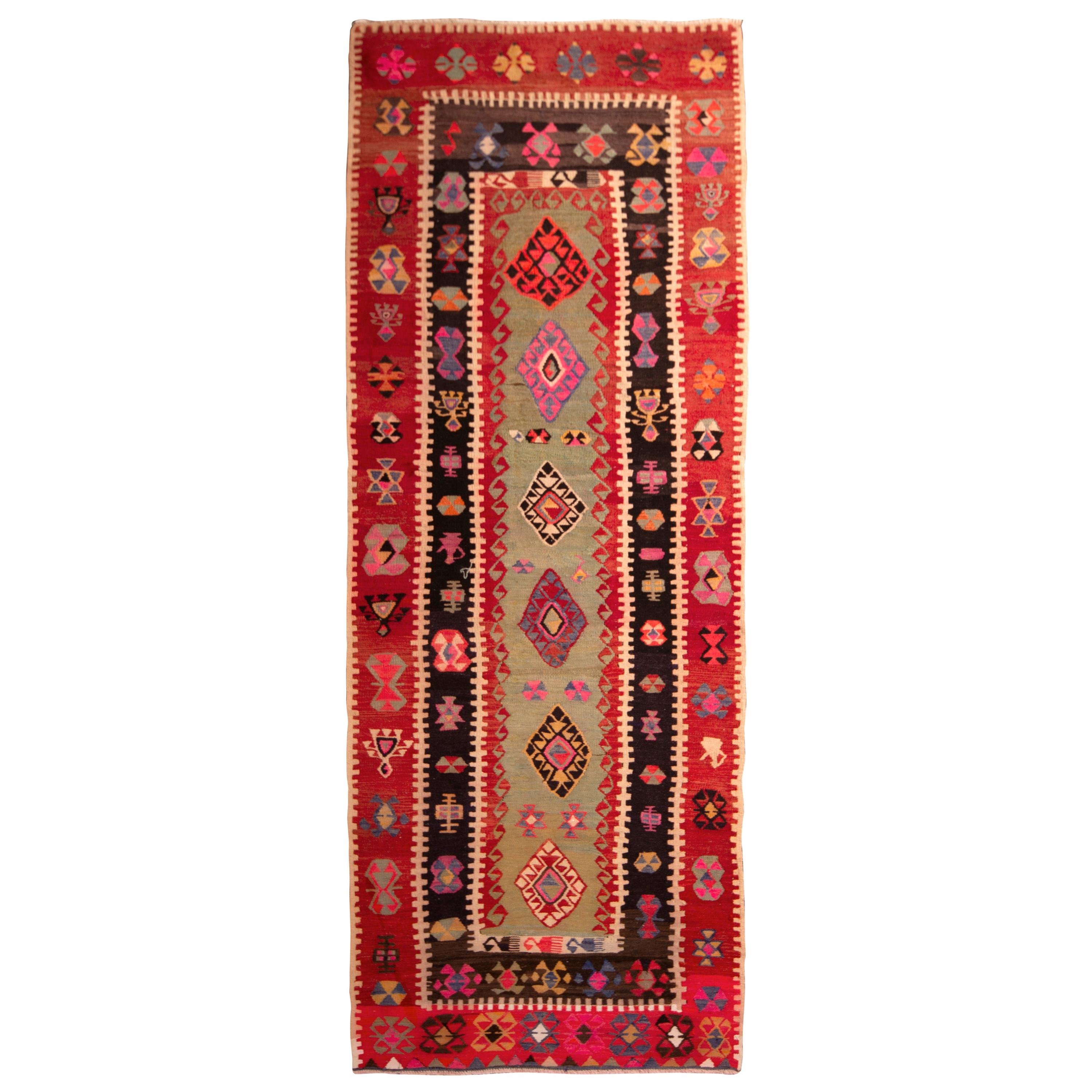 1950s Midcentury Anatolian Rug Red Green Vintage Tribal Runner by Rug & Kilim For Sale