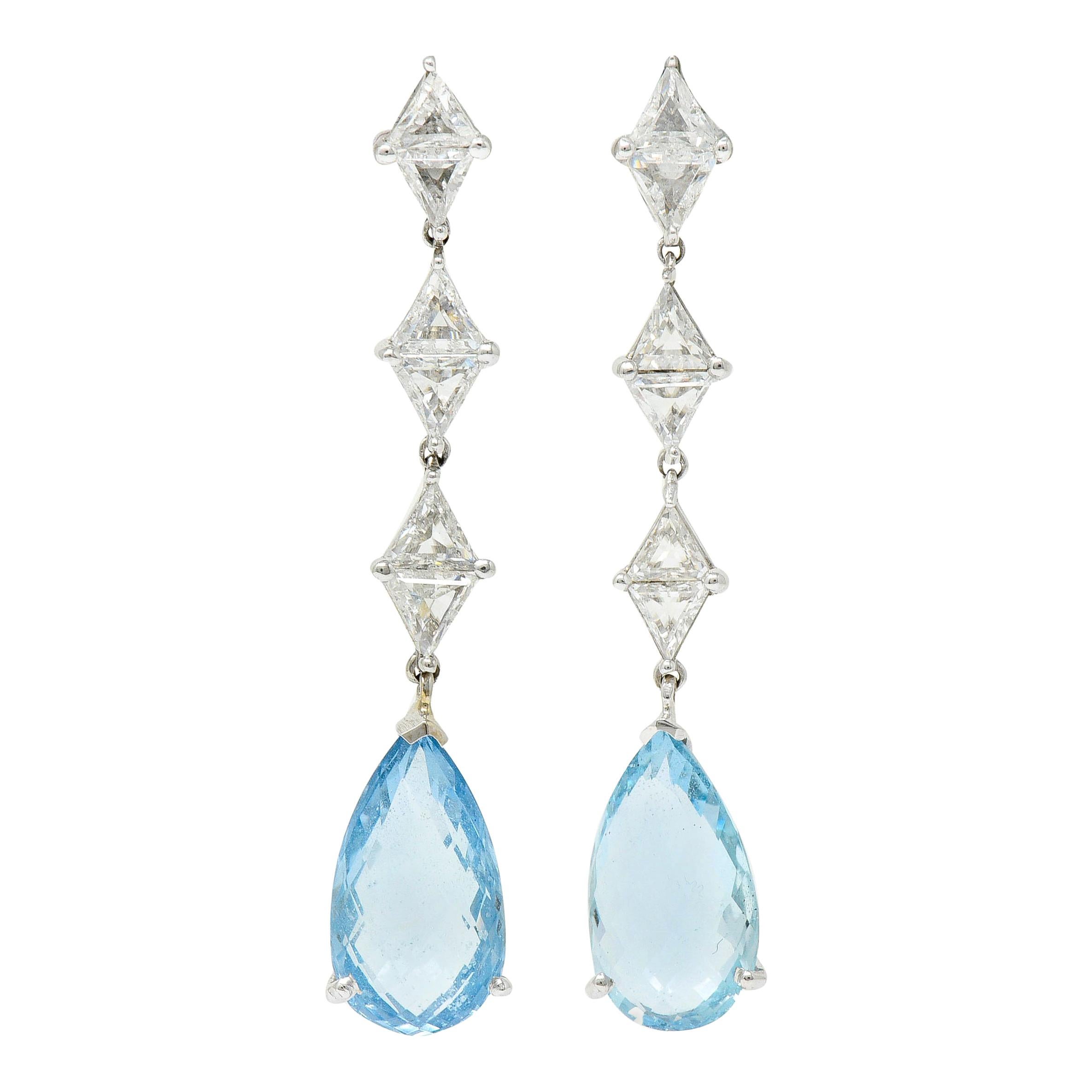 1950's Mid-Century Aquamarine 1.80 Carats Diamond Platinum Drop Earrings