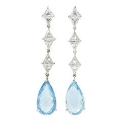 1950's Mid-Century Aquamarine 1.80 Carats Diamond Platinum Drop Earrings