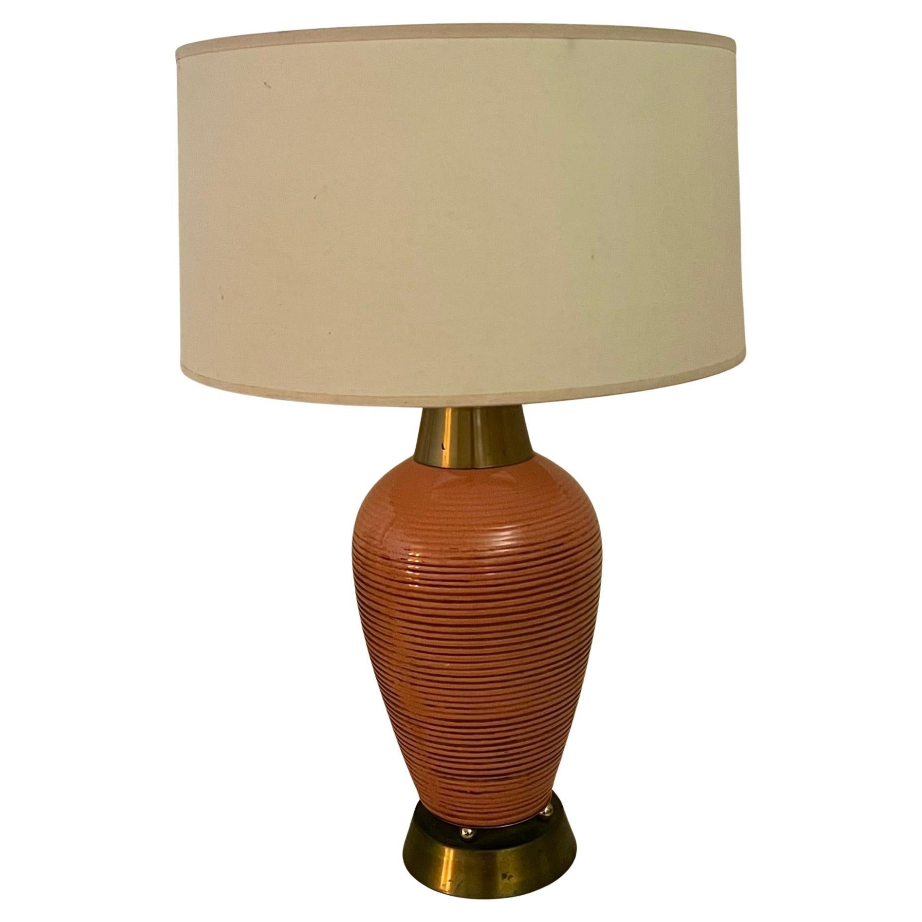 1950s Mid Century Atomic Age Ribbed Ceramic & Brass Table Lamp