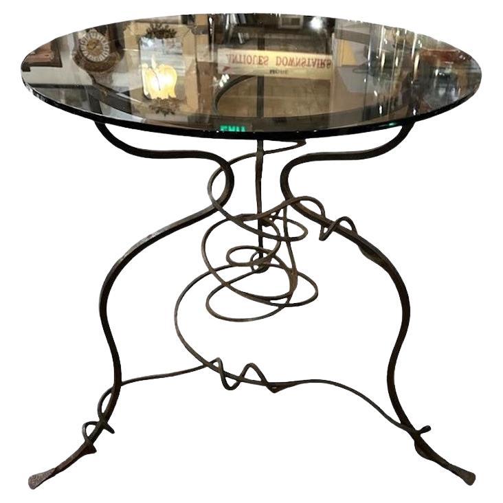 1950s Mid Century Brutalist Twisted Metal Glass Top Round Table