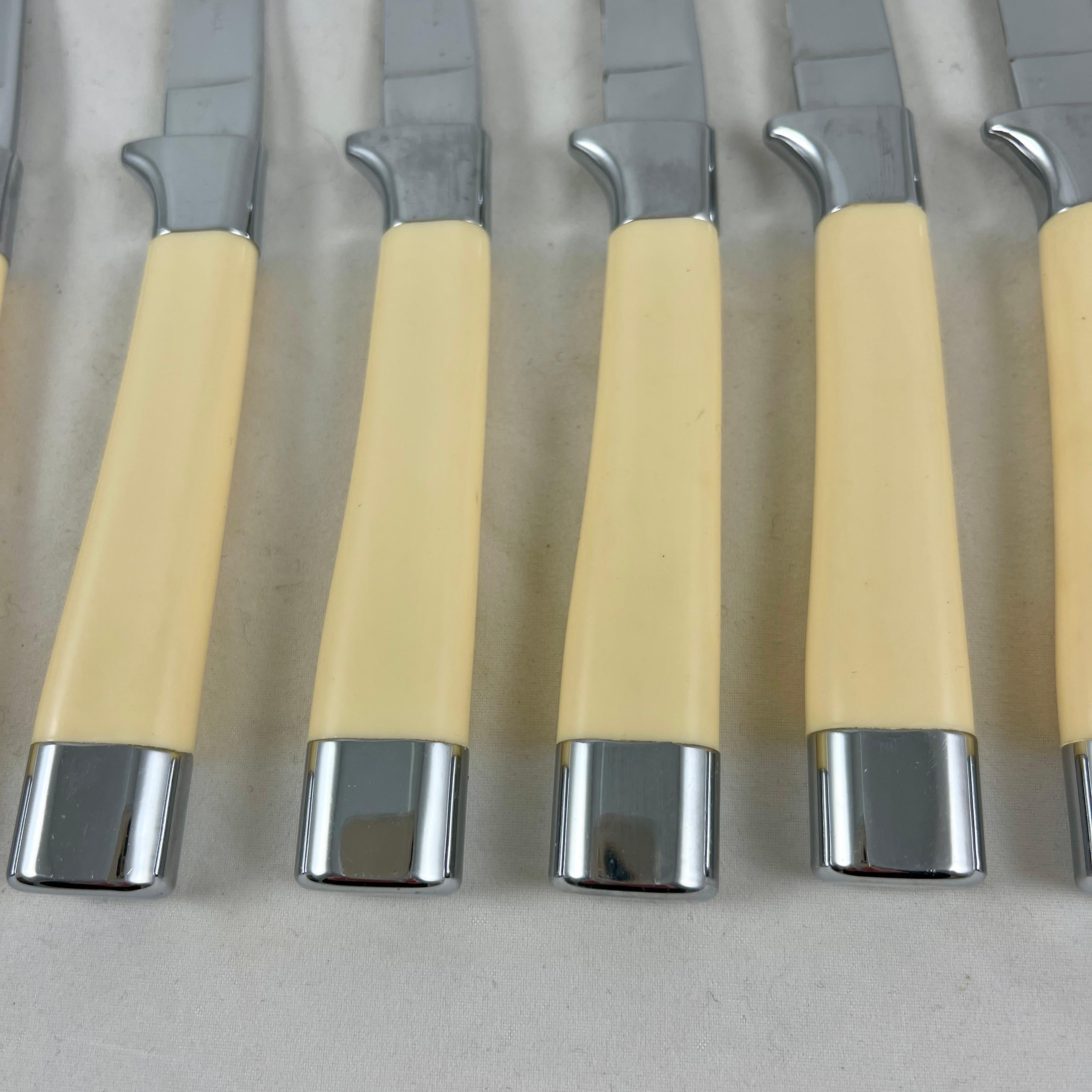 Mid-Century Modern 1950s Mid-Century Carvel Hall Stainless Steel Steak Knives, Cased, S/8