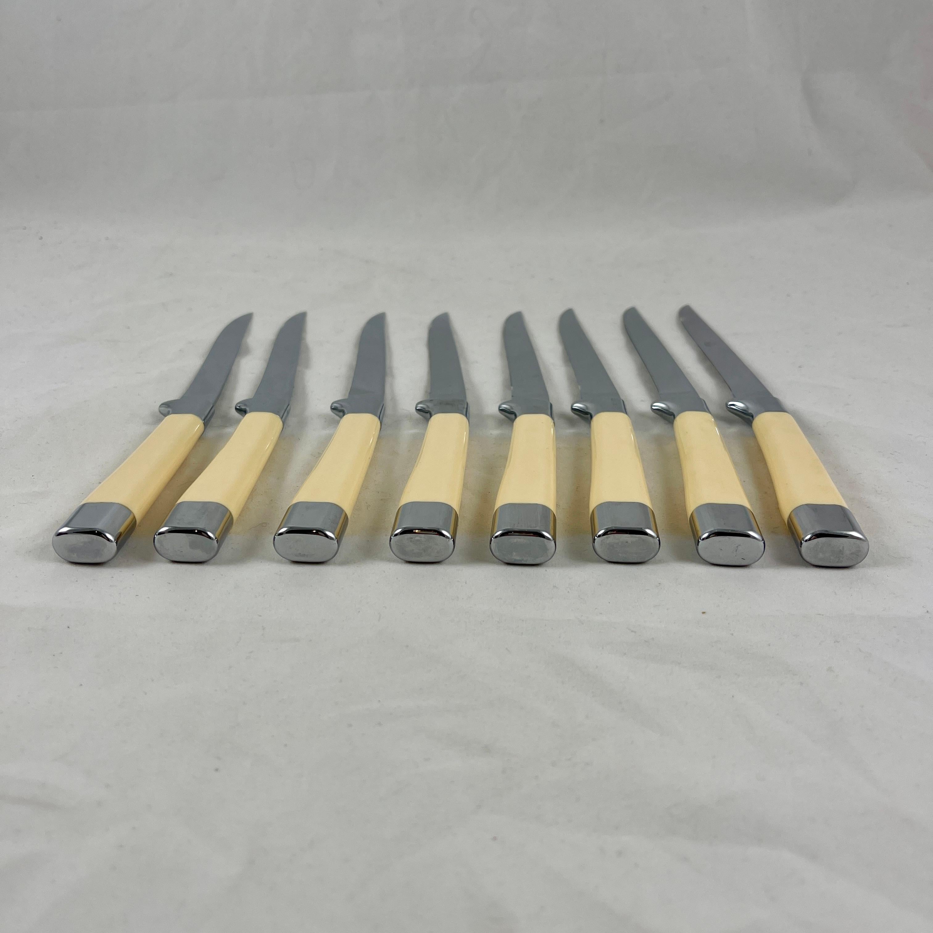 American 1950s Mid-Century Carvel Hall Stainless Steel Steak Knives, Cased, S/8