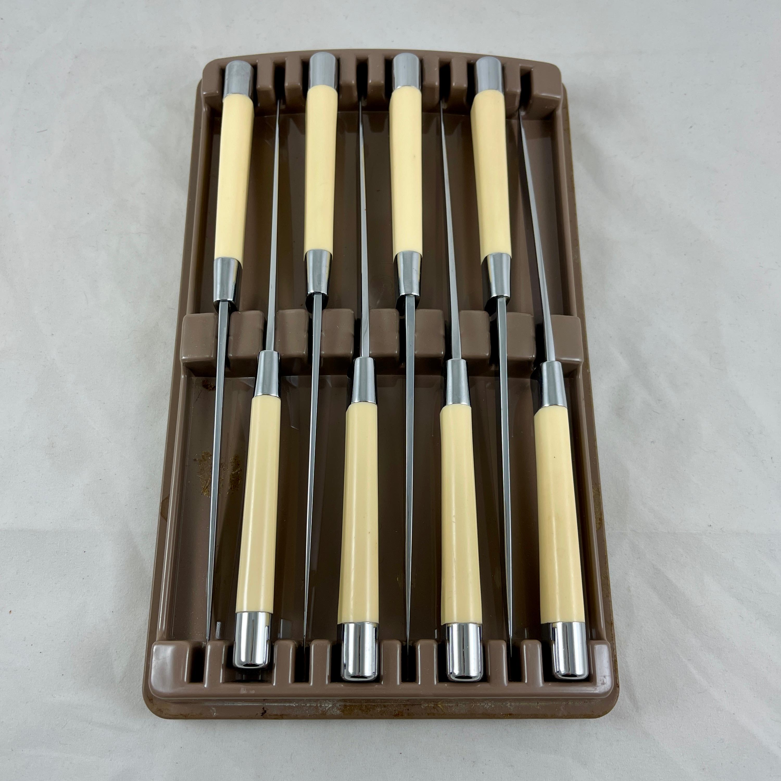 Machine-Made 1950s Mid-Century Carvel Hall Stainless Steel Steak Knives, Cased, S/8