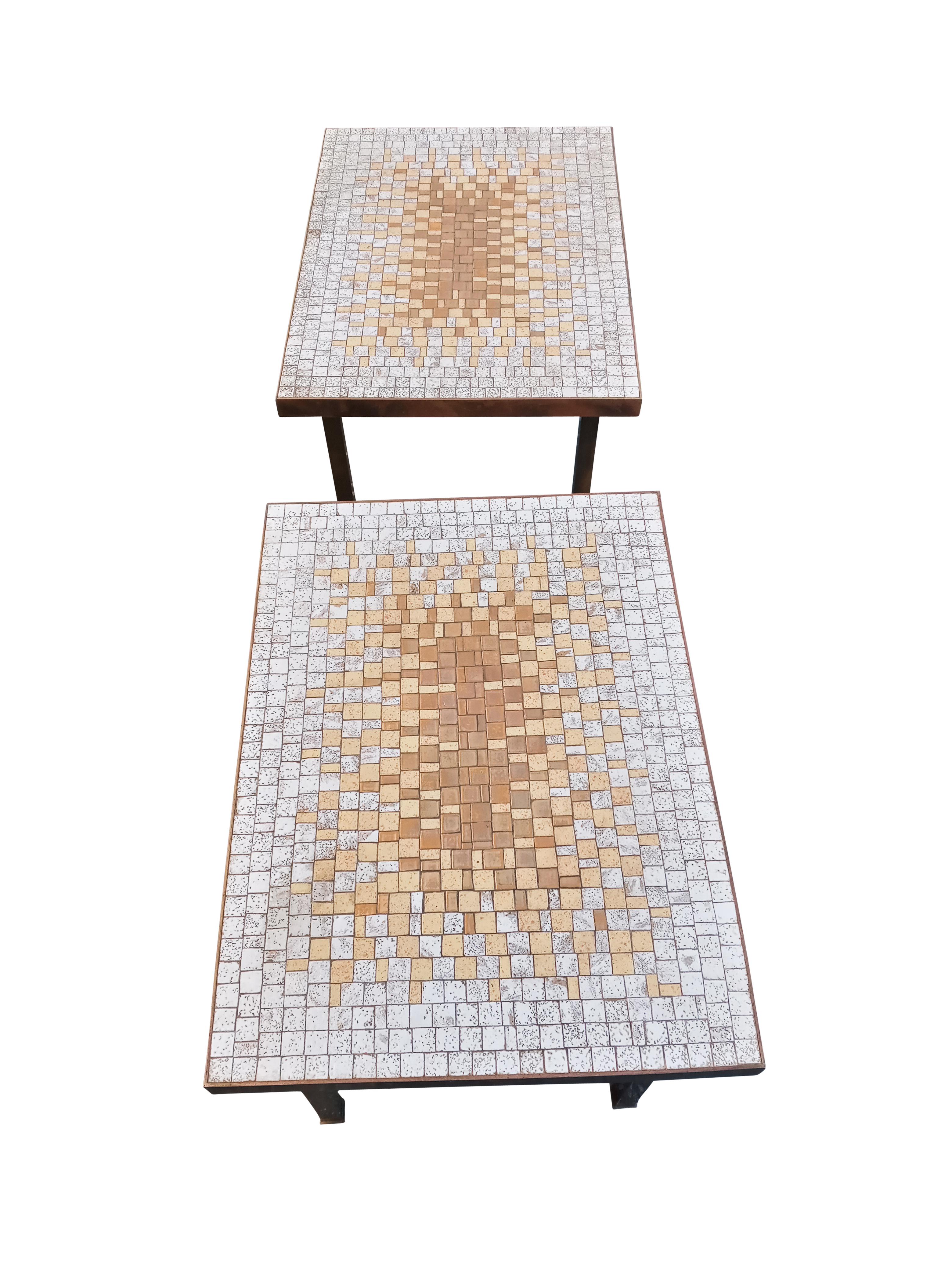 1950s Mid-Century Ceramic Mosaic Sunburst Pair Side or End Tables Brass Frames In Good Condition For Sale In Philadelphia, PA