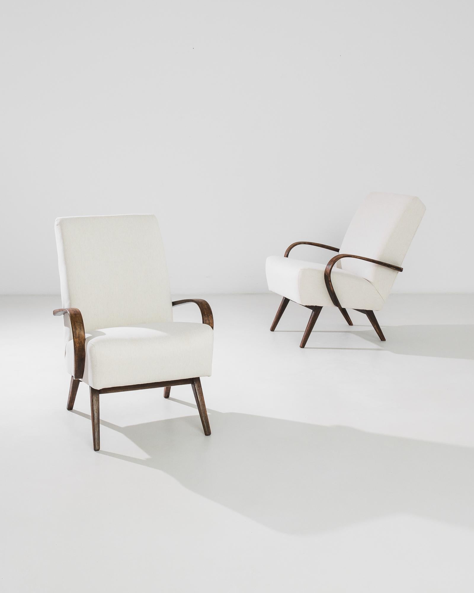 Fabric 1950s Mid-Century Czech White Bentwood Armchairs, a Pair