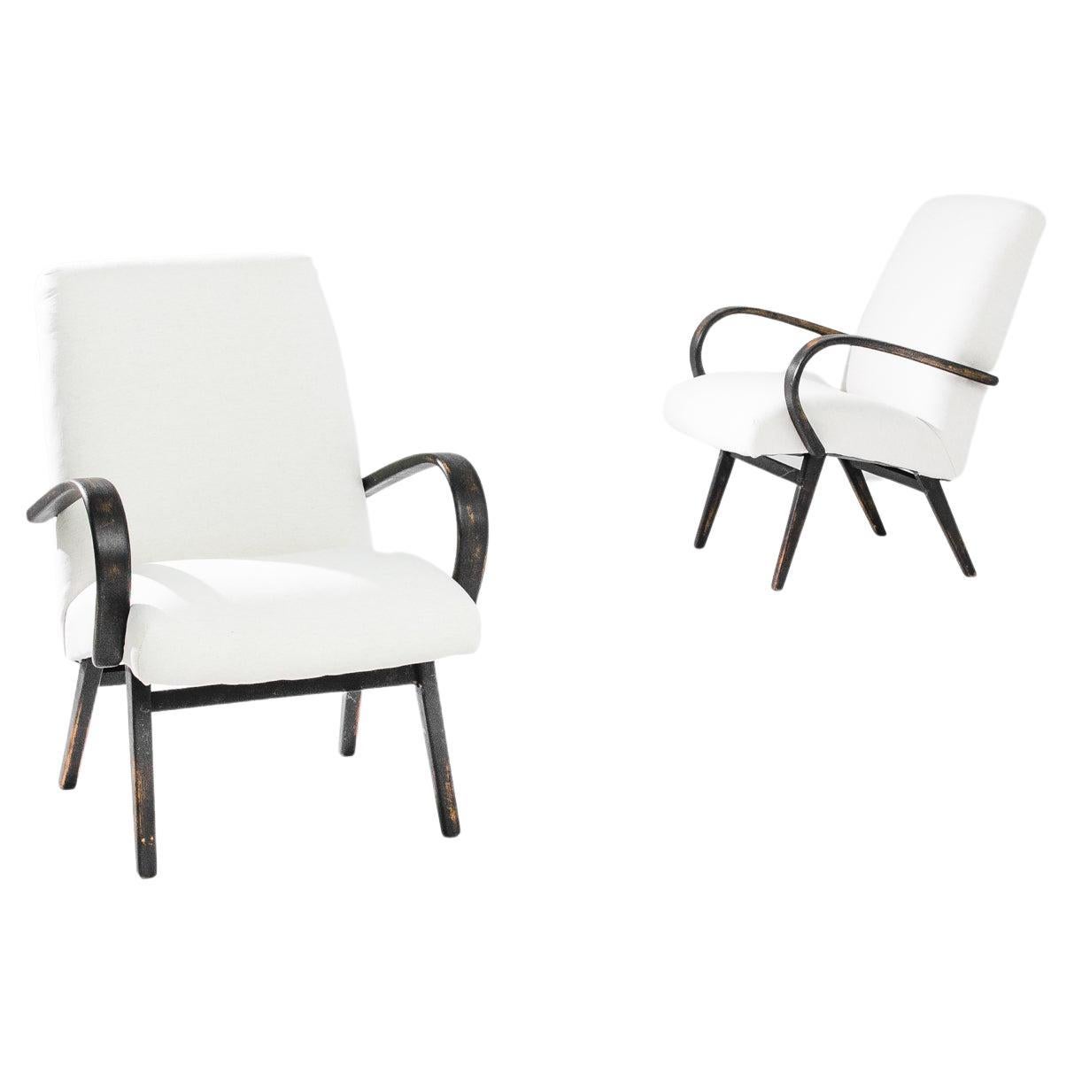 1950s Mid-Century Czech White Bentwood Armchairs, a Pair