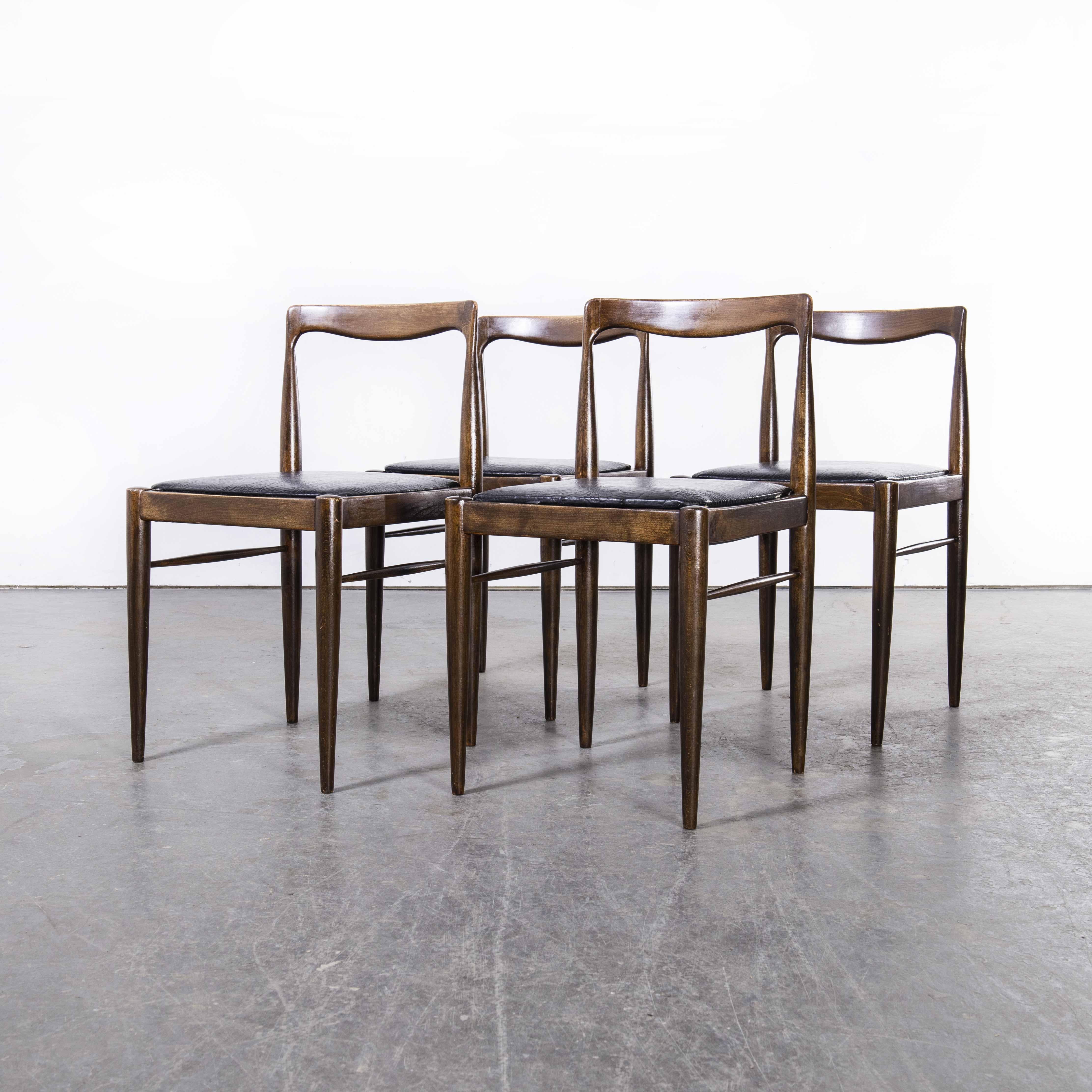 1950’s mid century dark teak dining chairs – set of four
1950’s mid century dark teak dining chairs – set of four. Stunningly simple design produced in the Czech republic. Czech was one of the largest producers of high quality mid century furniture
