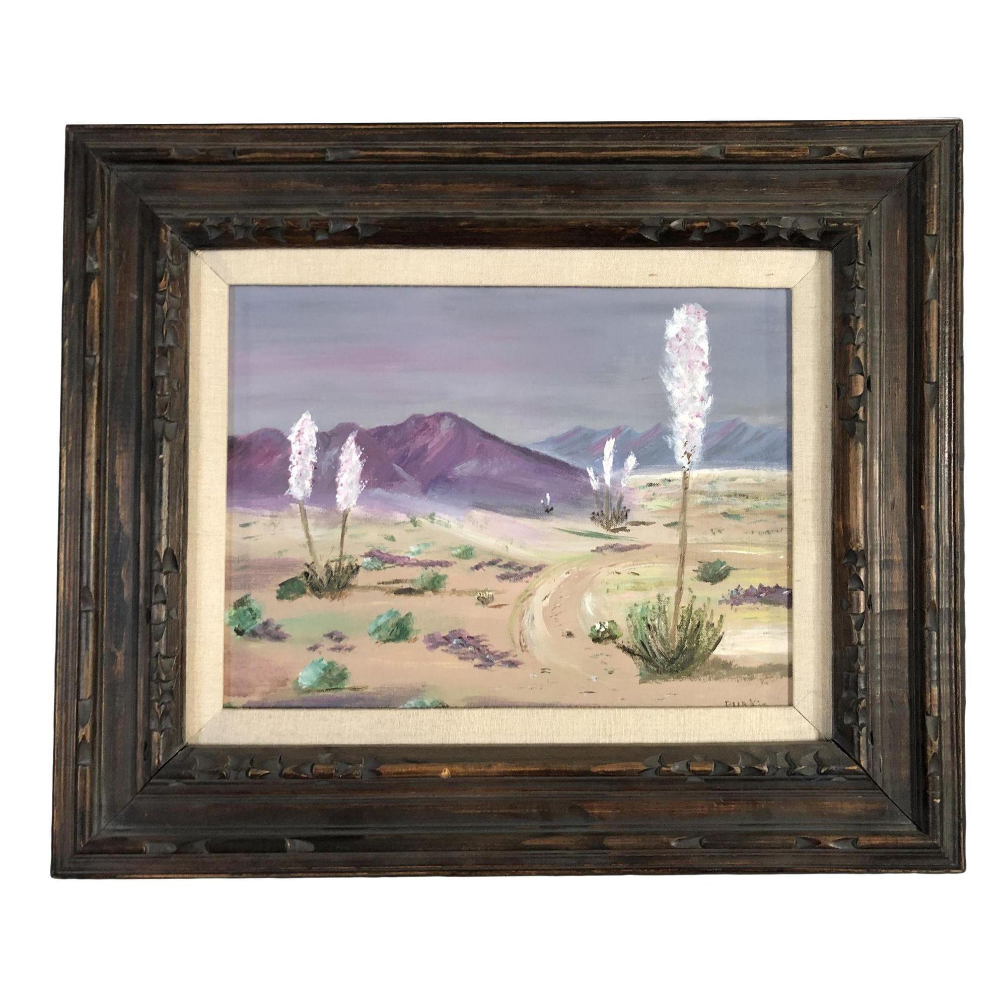 1950s Midcentury Desert Scenic Landscape Oil on Board in Original Frame, Signed Excellent état - En vente à Van Nuys, CA