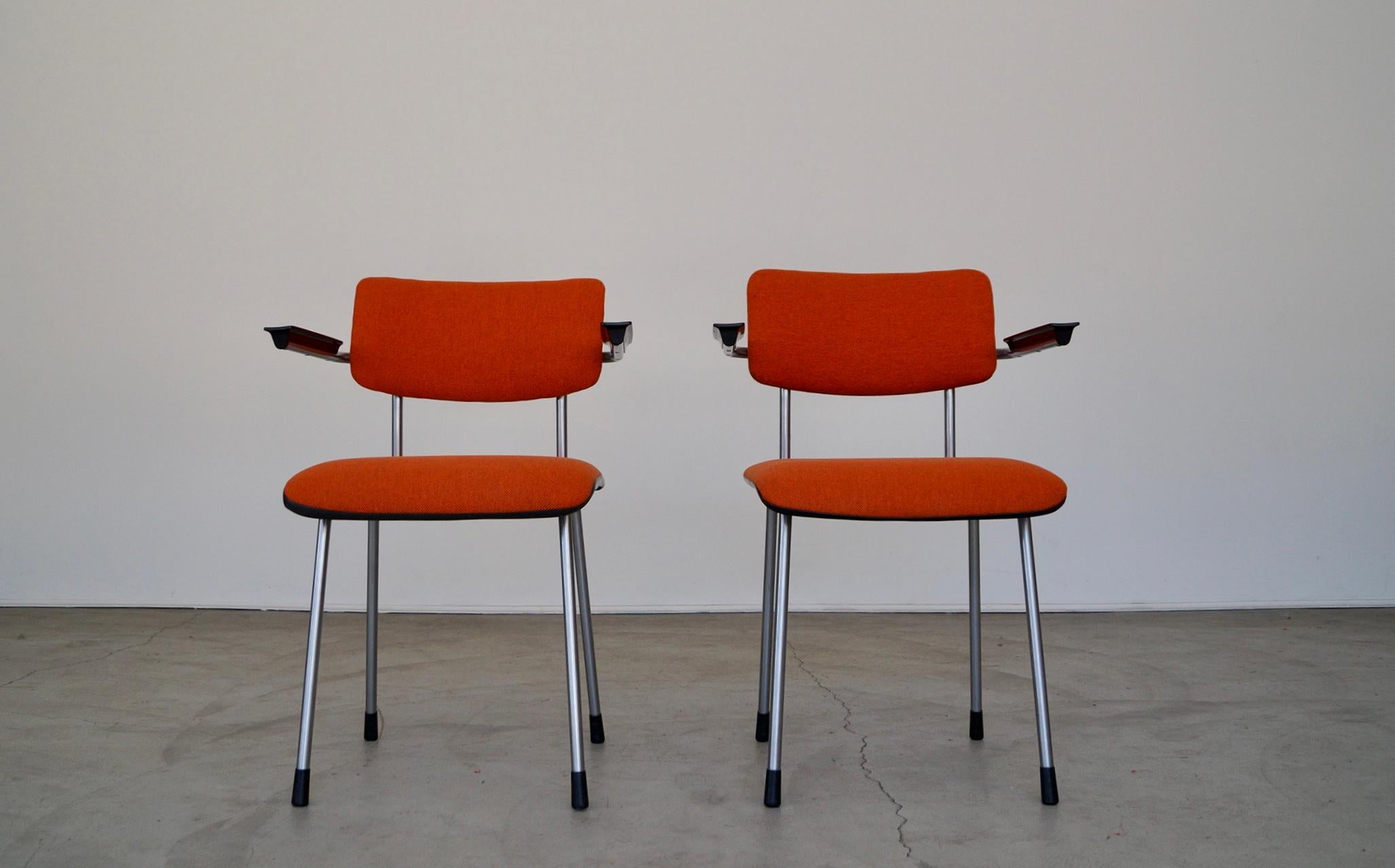 We have a pair of original 1950's Mid-century Modern Gispen armchairs for sale. They were designed by William H. Gispen in the late 1950's, and were manufactured in The Netherlands. They are original, and have been professionally reupholstered in