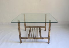 1950s Midcentury Faux Bamboo Square Side Table with Magazine Rack