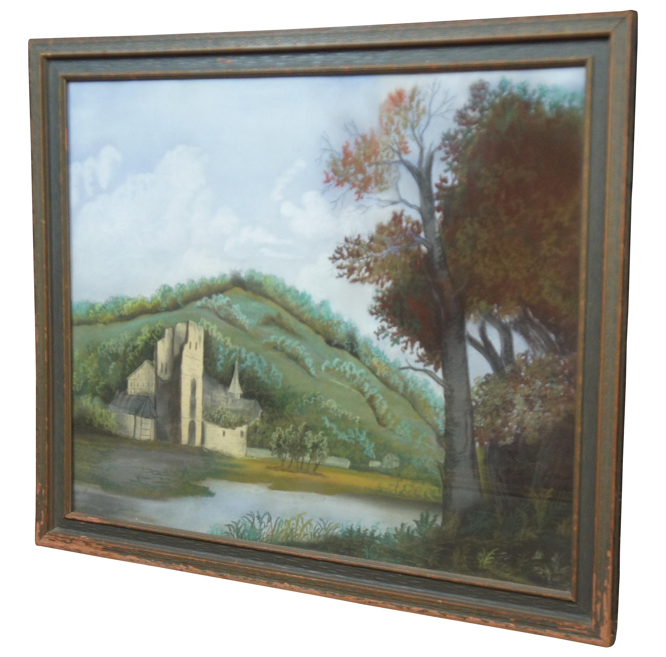 Peinture allemande au pastel, encadrée, datant du milieu du siècle dernier, représentant un paysage vallonné près d'une rivière, centré sur un château en pierre et une ferme. Acheté dans les années 50 à Francfort.

Mesures : 32