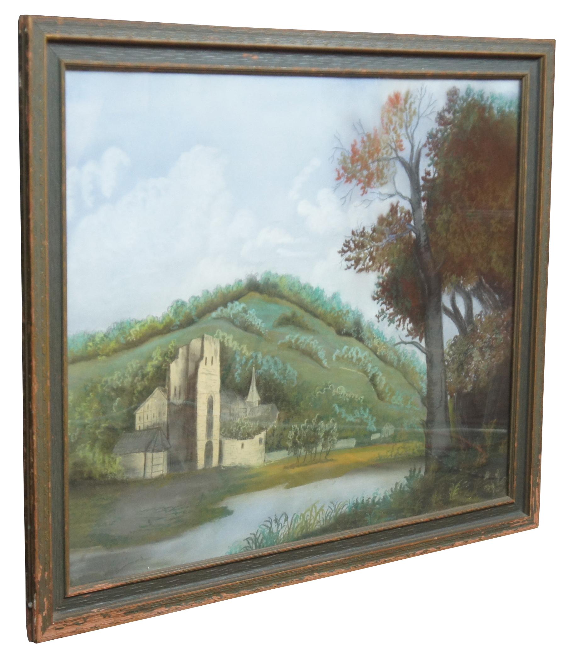 1950er Jahre Mitte des Jahrhunderts, Pastellfarbenes Gemälde, Zeichnung, Deutsche Schlosslandschaft (Moderne der Mitte des Jahrhunderts) im Angebot