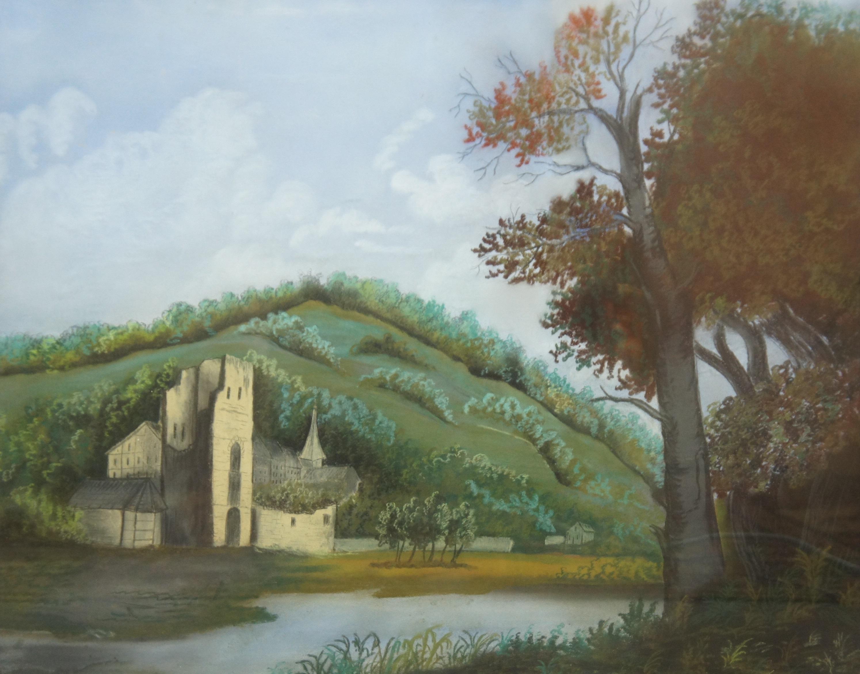 1950er Jahre Mitte des Jahrhunderts, Pastellfarbenes Gemälde, Zeichnung, Deutsche Schlosslandschaft im Zustand „Gut“ im Angebot in Dayton, OH