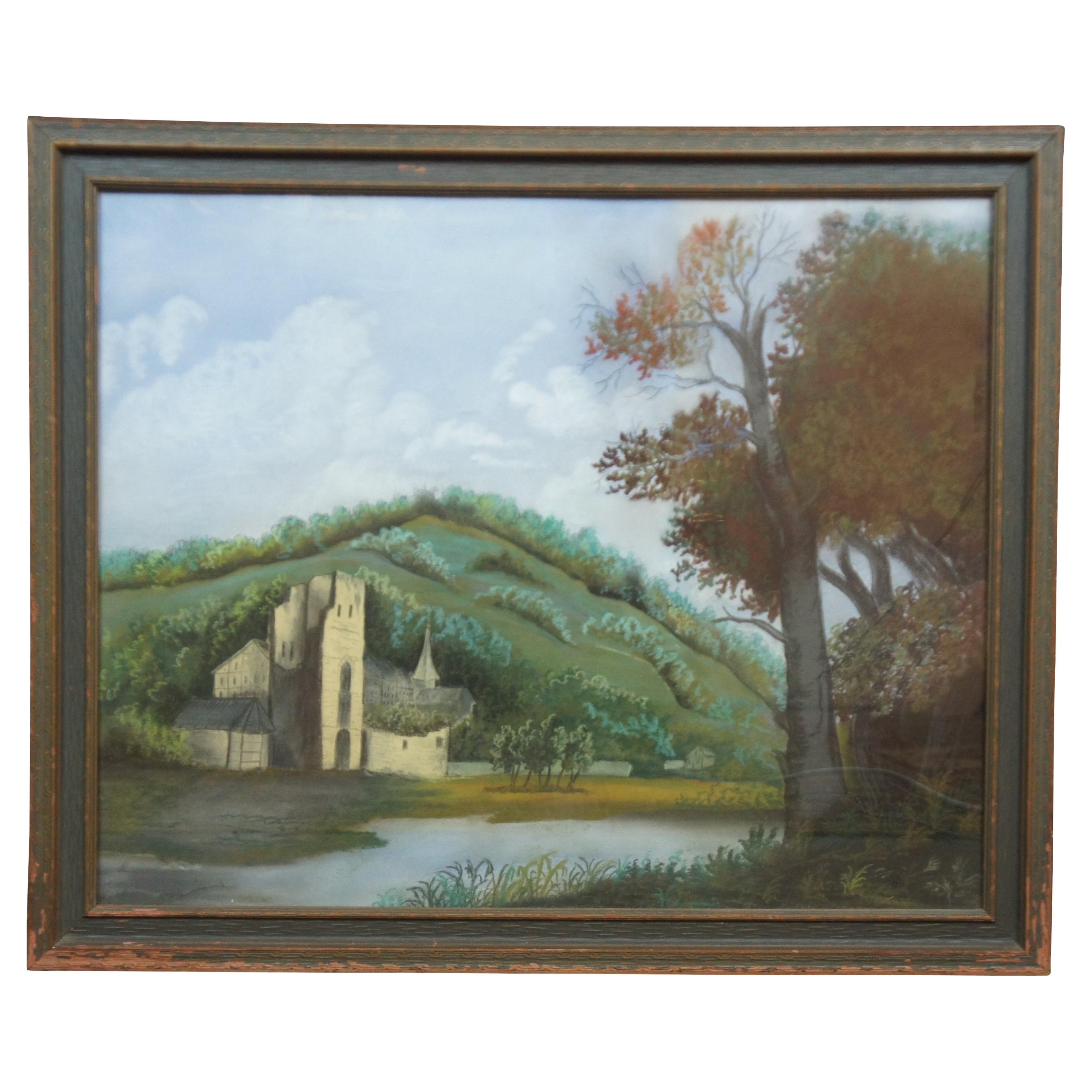 1950s Mid Century German Castle River Landscape Pastel Painting Drawing For Sale