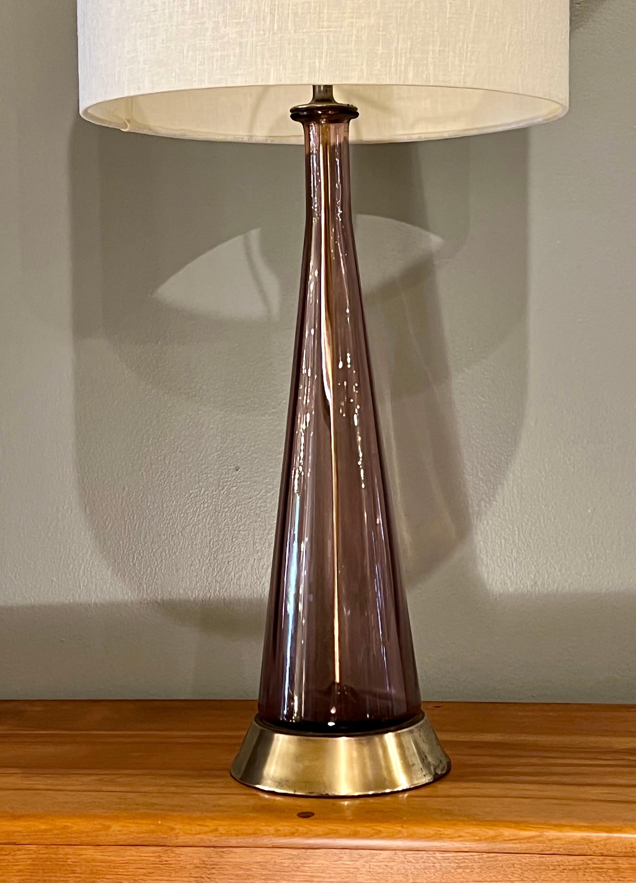 Beautiful midcentury, glass table lamp in purple glass lampshade not included, perfect working condition, 24.5