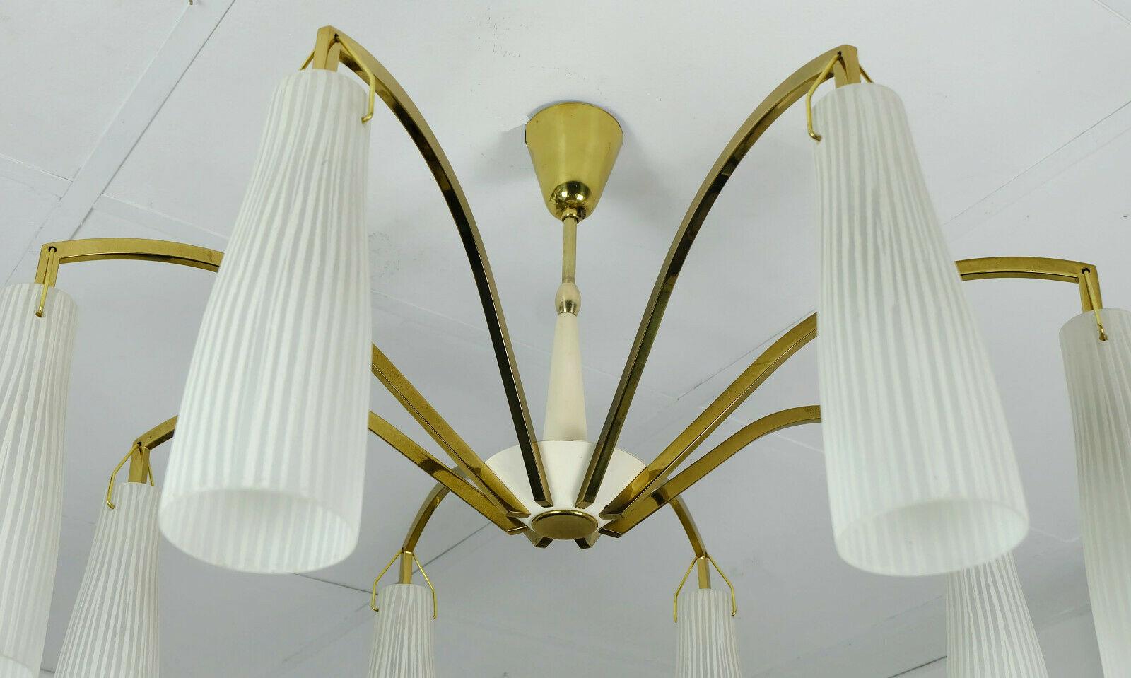Mid-Century Modern 1950s Mid-Century, Hanging Lamp Brass 8 Glass Shades