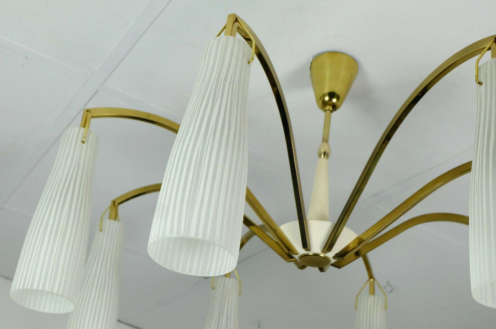 German 1950s Mid-Century, Hanging Lamp Brass 8 Glass Shades