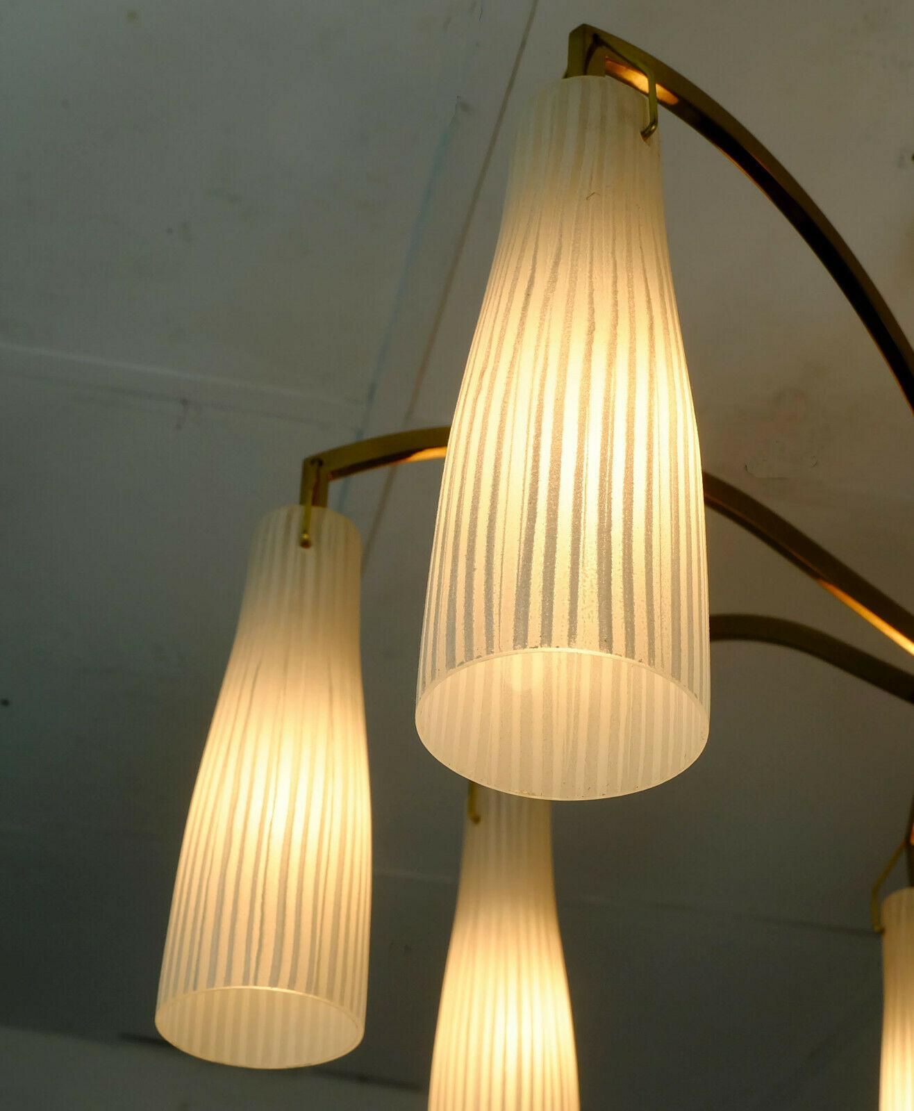 Mid-20th Century 1950s Mid-Century, Hanging Lamp Brass 8 Glass Shades