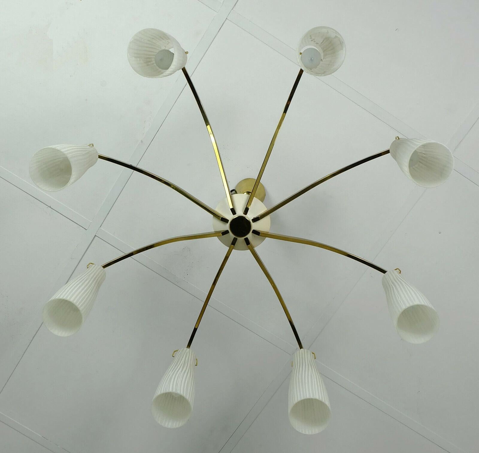 1950s Mid-Century, Hanging Lamp Brass 8 Glass Shades 3