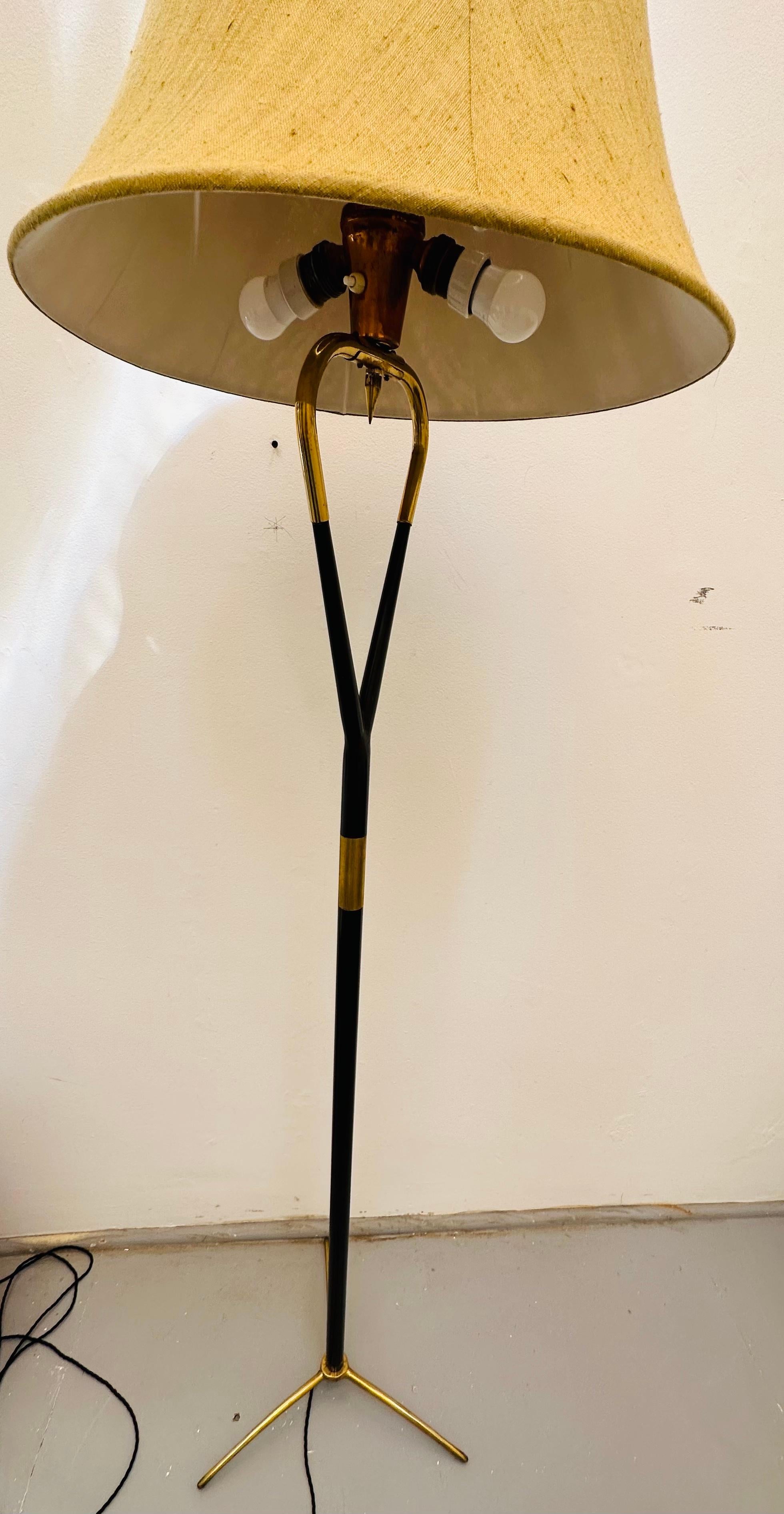 Metal 1950s Mid Century Italian Brass & Black Lacquered Wood Tripod Floor Lamp