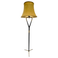 1950s Mid Century Italian Brass 
Black Lacquered Wood Tripod Floor Lamp