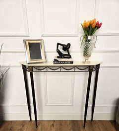1950s Mid-Century Italian Brass Console Table with White Marble Top