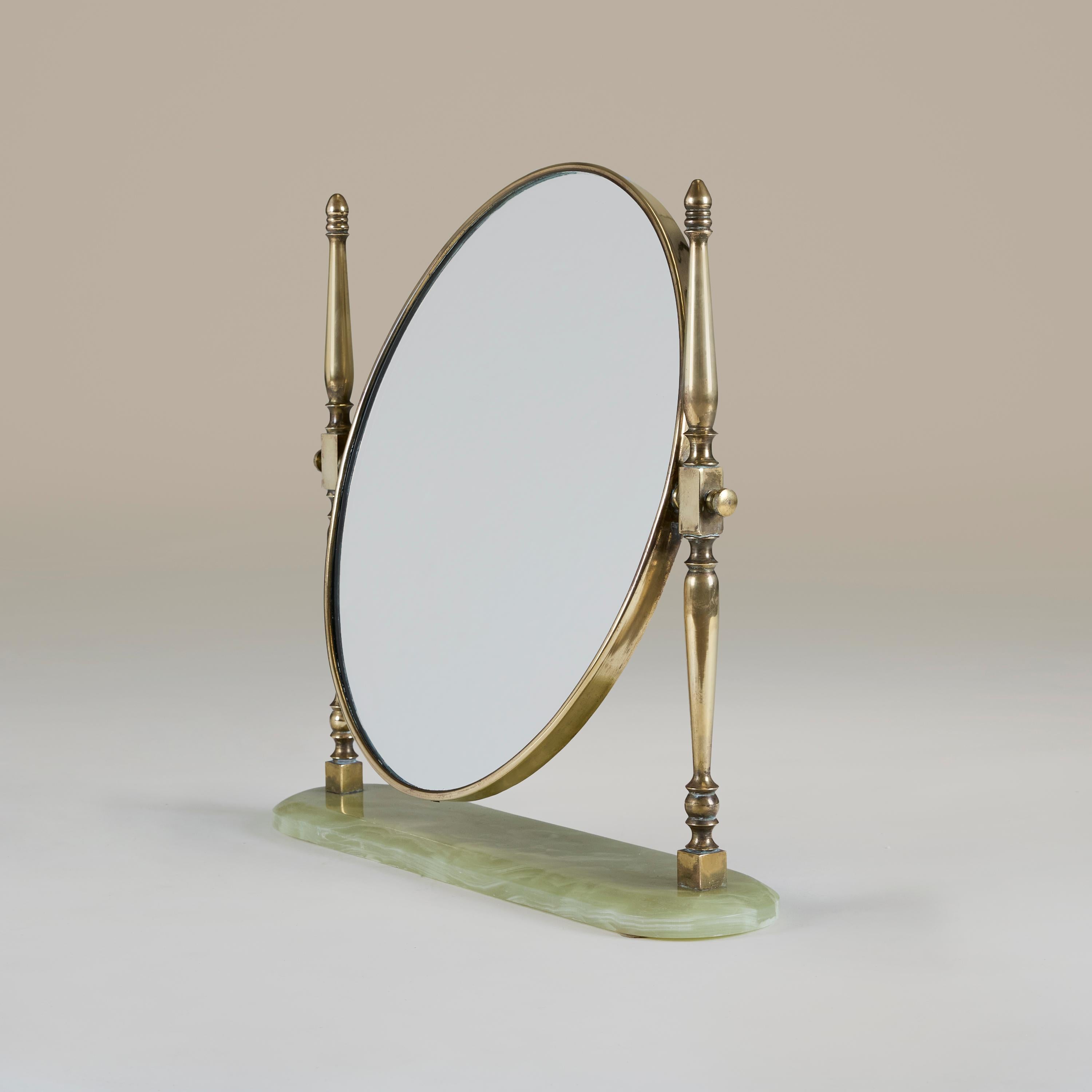 European 1950s Mid-Century Italian brass -table mirror with green marble base For Sale