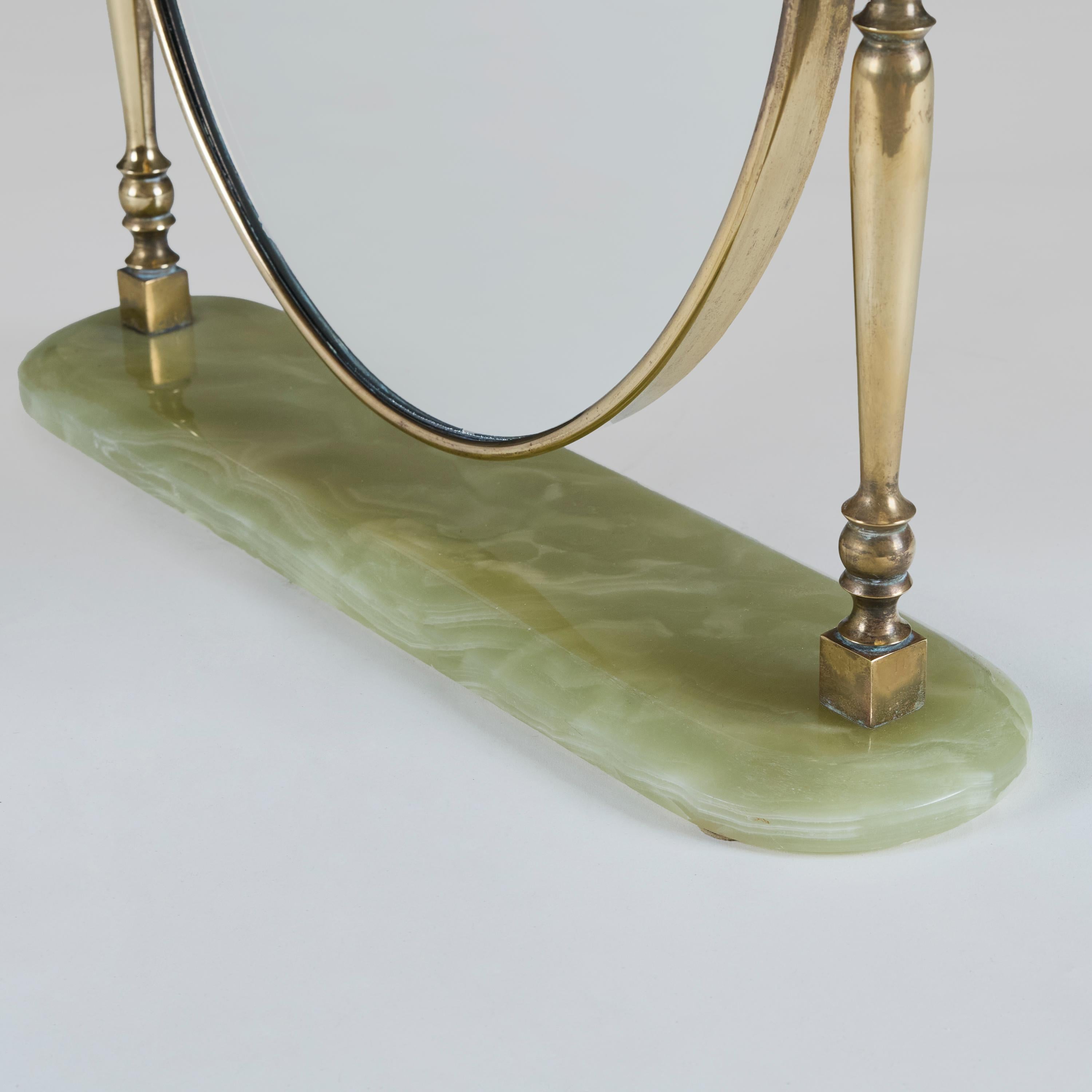 Mid-20th Century 1950s Mid-Century Italian brass -table mirror with green marble base For Sale
