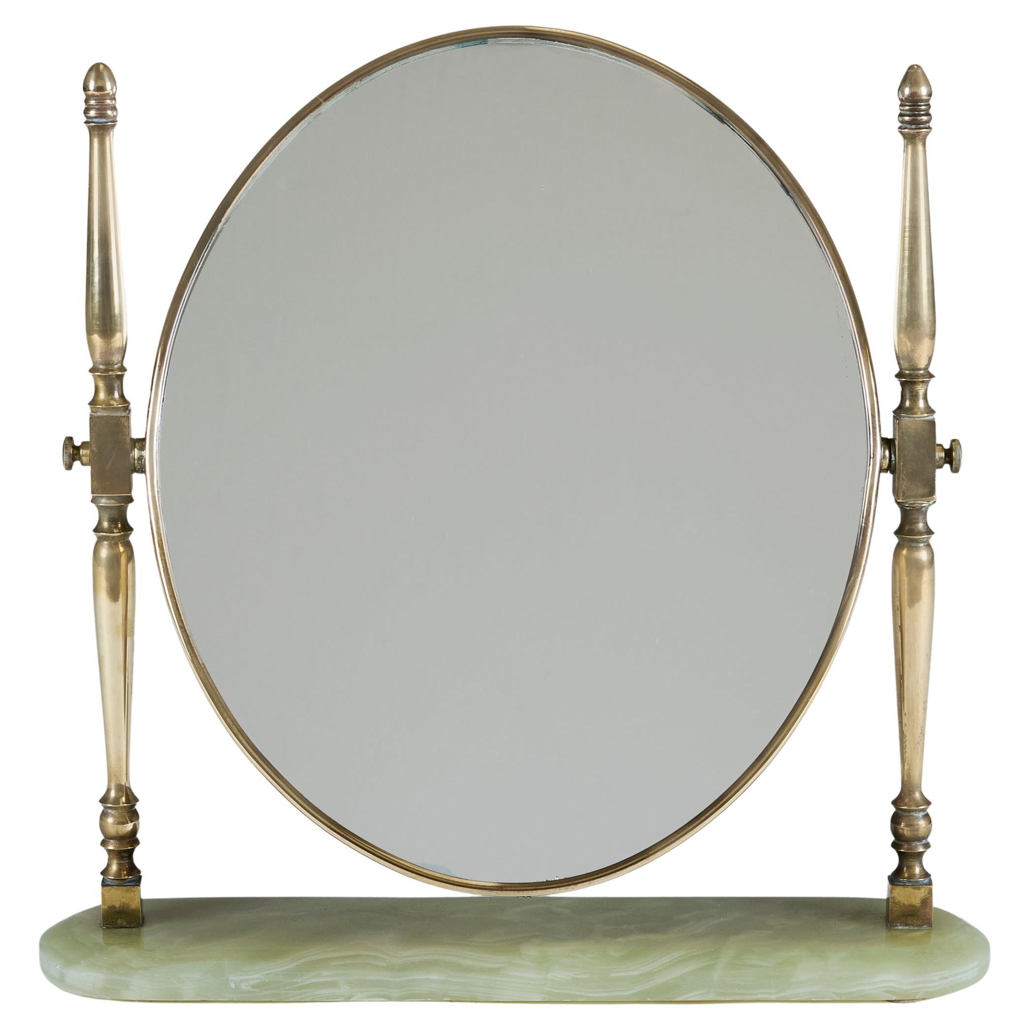 1950s Mid-Century Italian brass -table mirror with green marble base For Sale