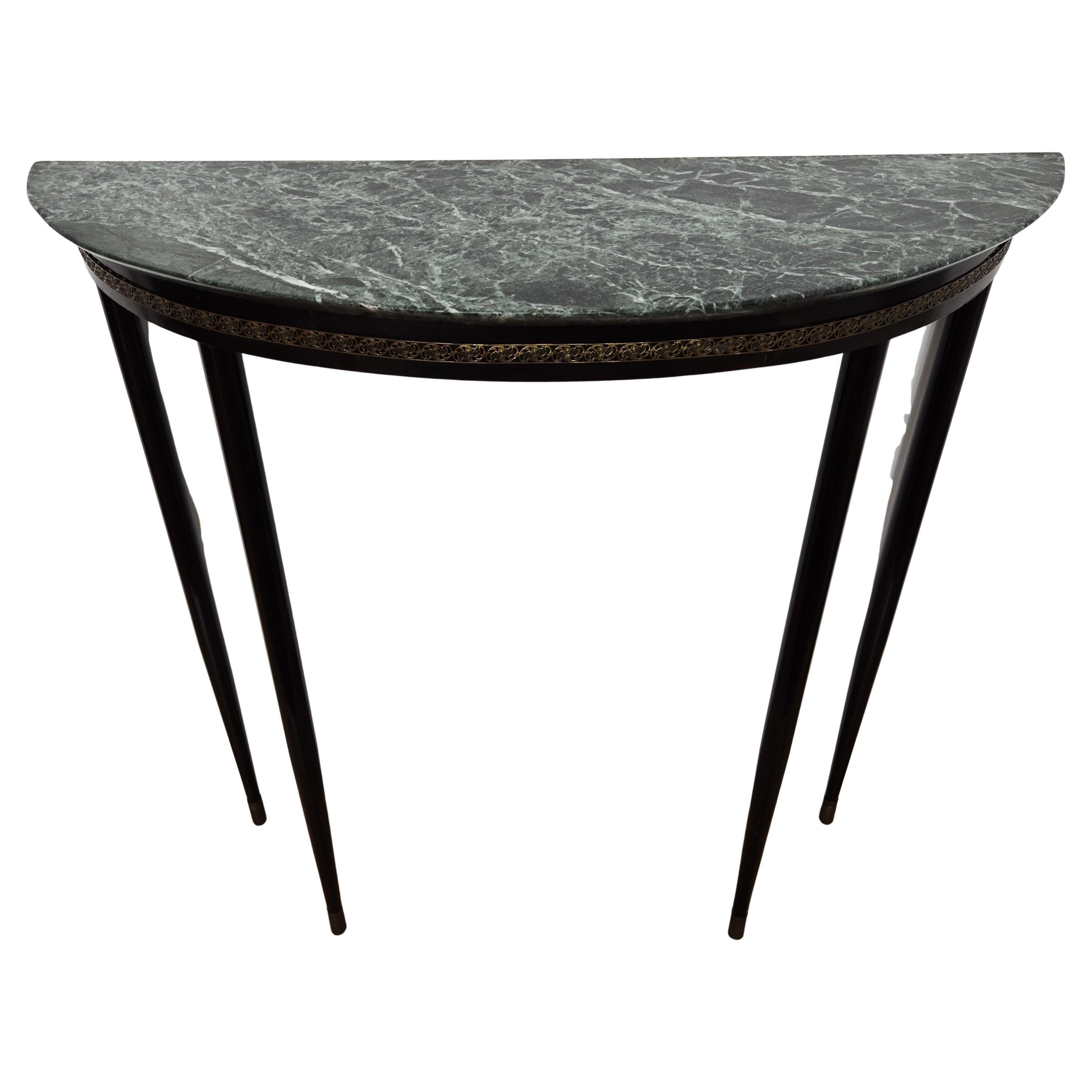 Mesa consola Demi Lune italiana de mediados de siglo de 1950 con tapa de mármol verde en venta