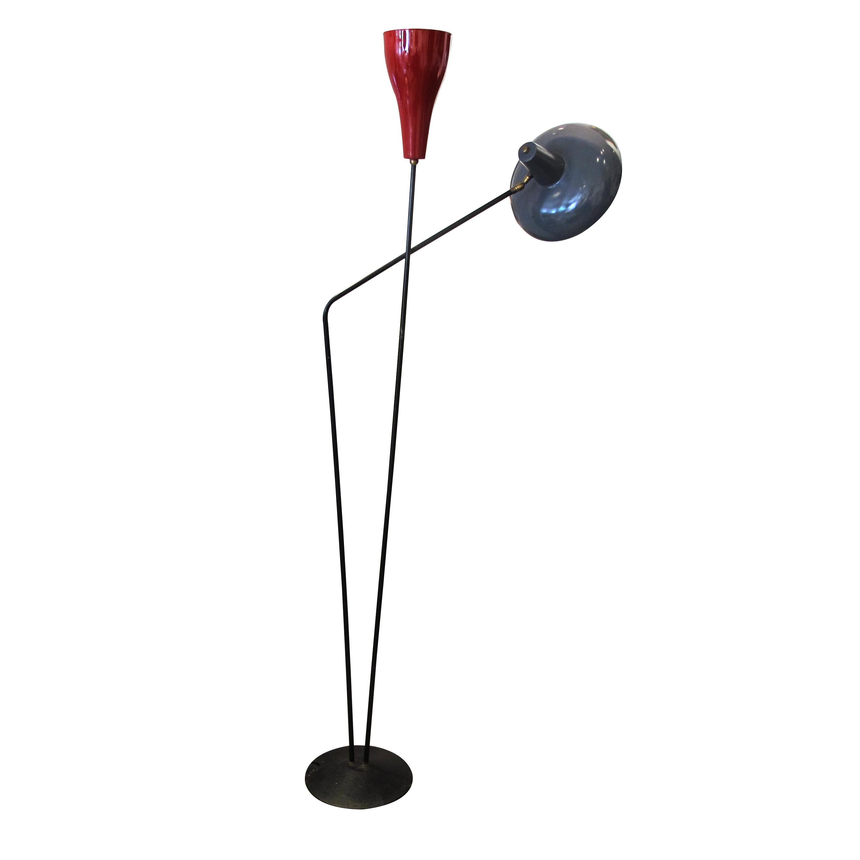 1950s mid century Italian floor lamp with two metal painted reflector shades. The red tulip shade is in a fixed upright position pointing upwards and the grey round shade facing downwards can be adjusted into various positions which allows you to