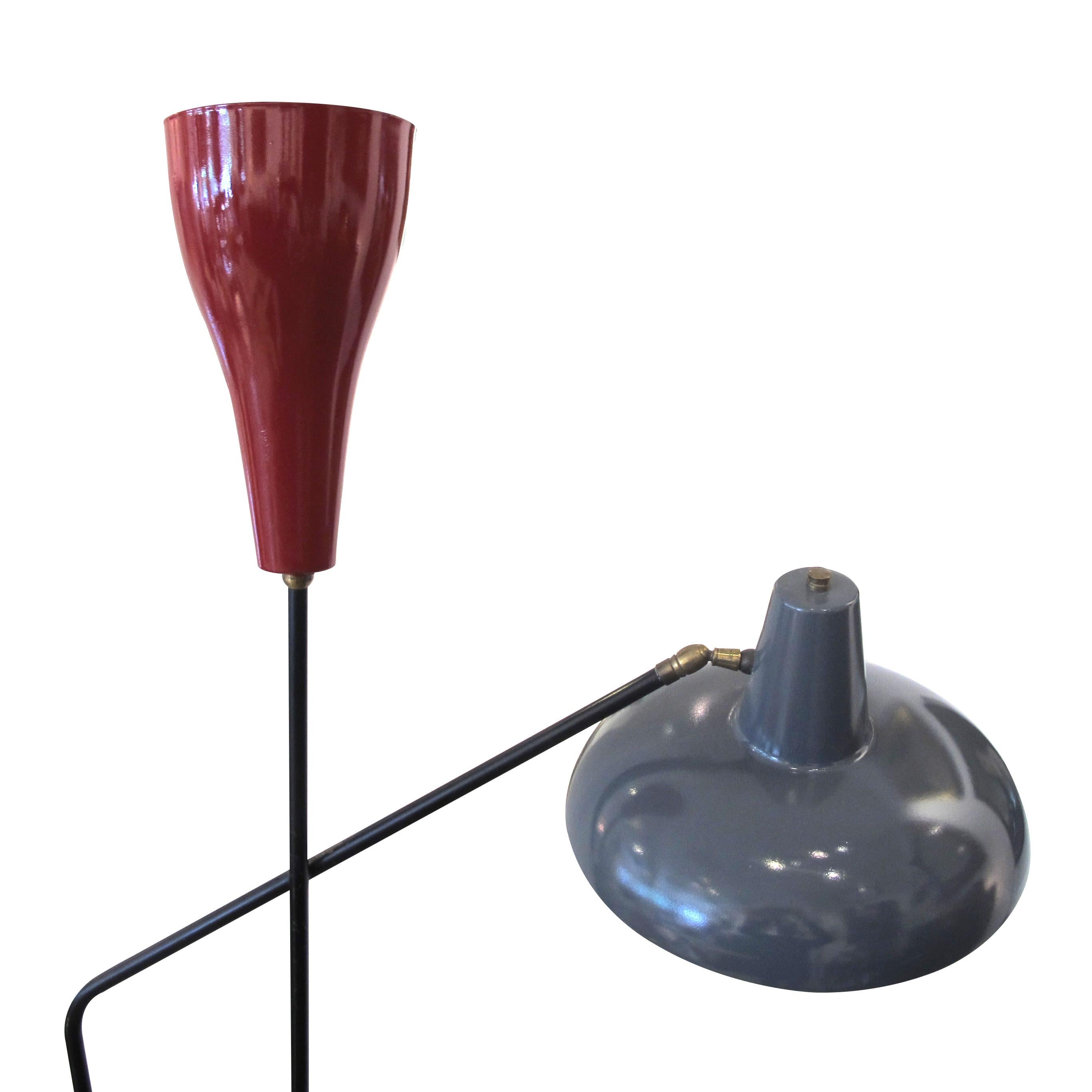 Mid-Century Modern 1950s Mid Century Italian Floor Lamp Two Painted Blue & Red Reflector Shades