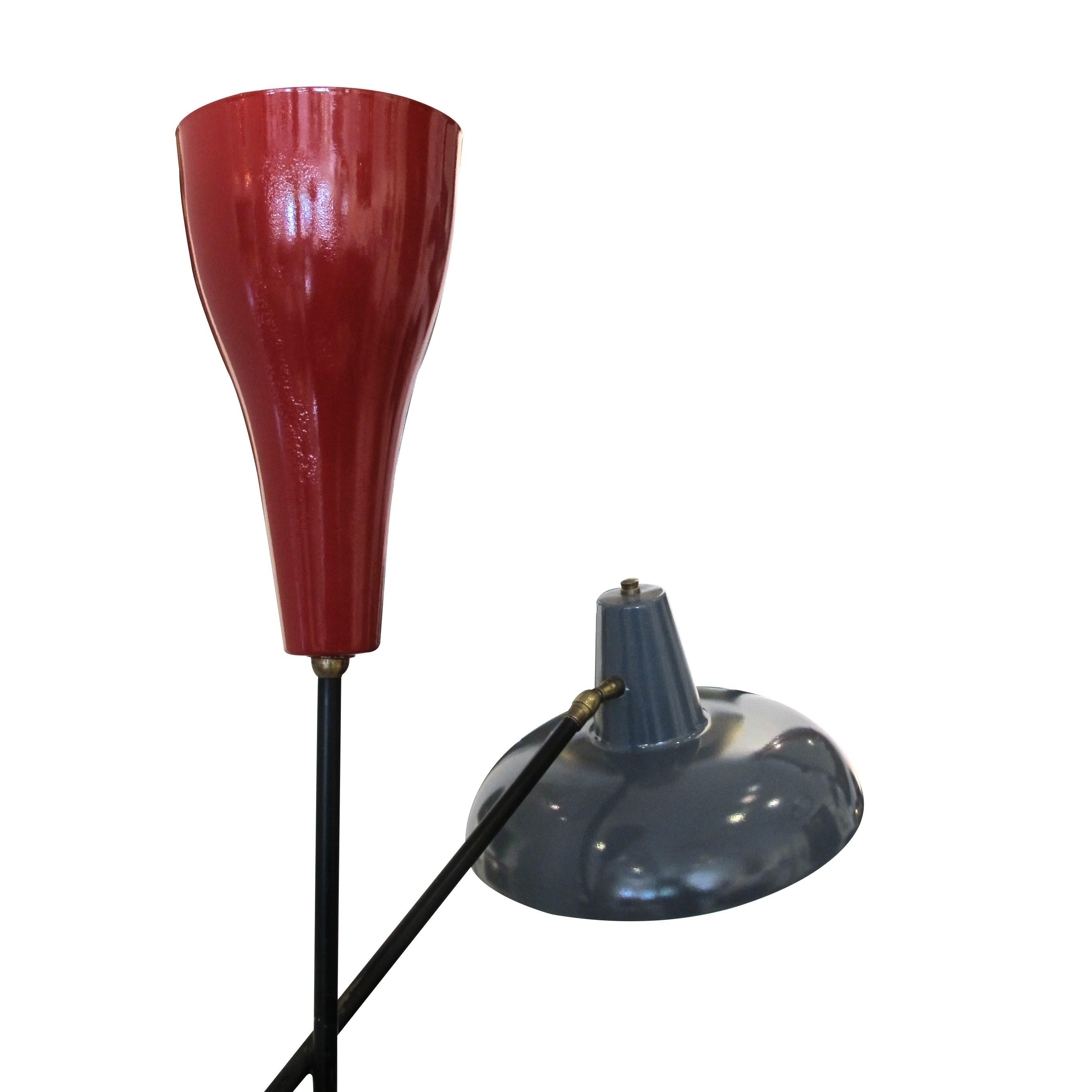 1950s Mid Century Italian Floor Lamp Two Painted Blue & Red Reflector Shades In Good Condition In London, GB
