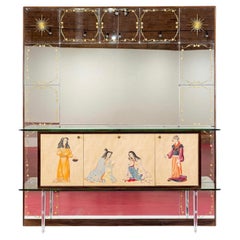 Retro 1950s Mid-Century Italian Mirrored Bar Cabinet Credenza with Asian Motif