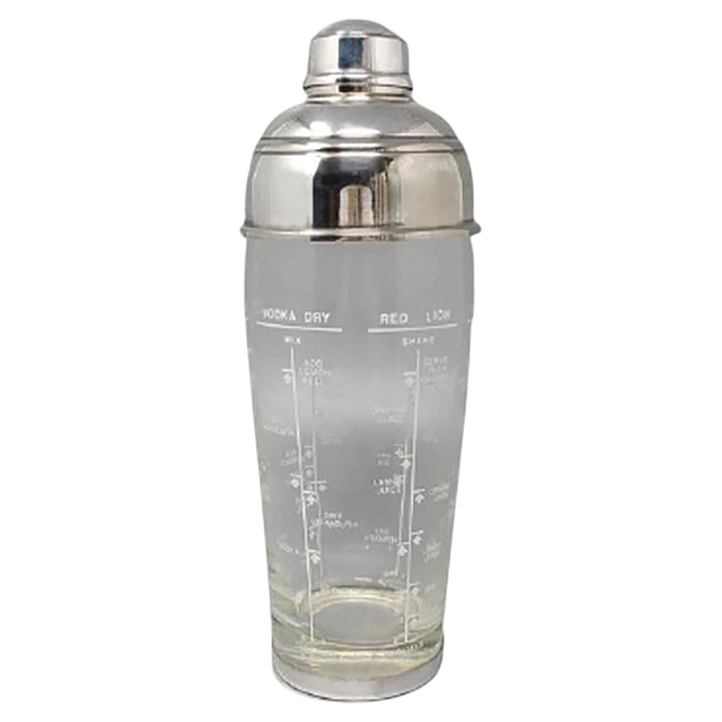 1950s Mid-Century Italian Silver-Plated and Glass Recipe Cocktail Shaker by OLRI