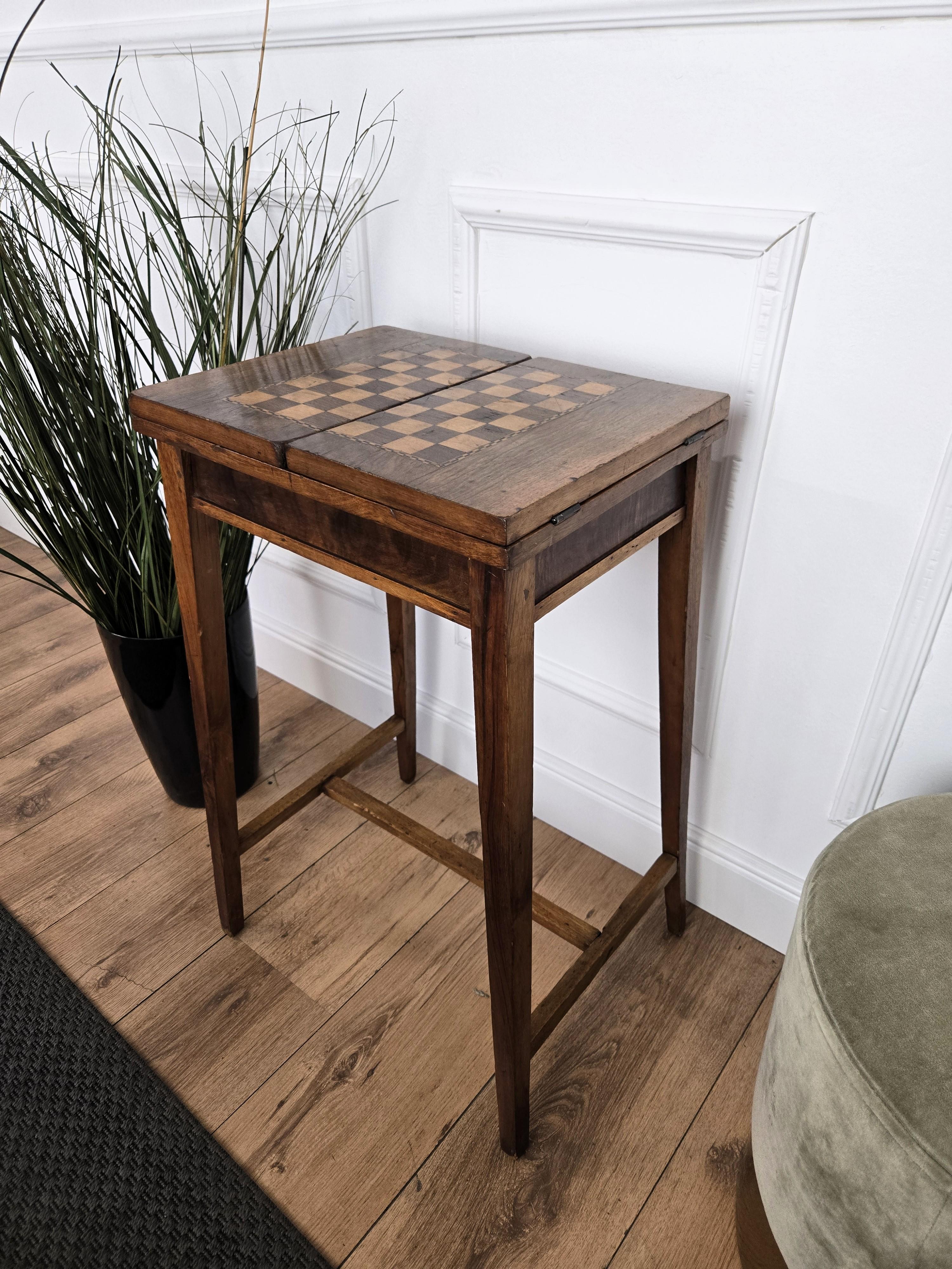 Wood 1950s Mid-Century Italian Walnut Inlay Chess Games Coffee Side Table For Sale